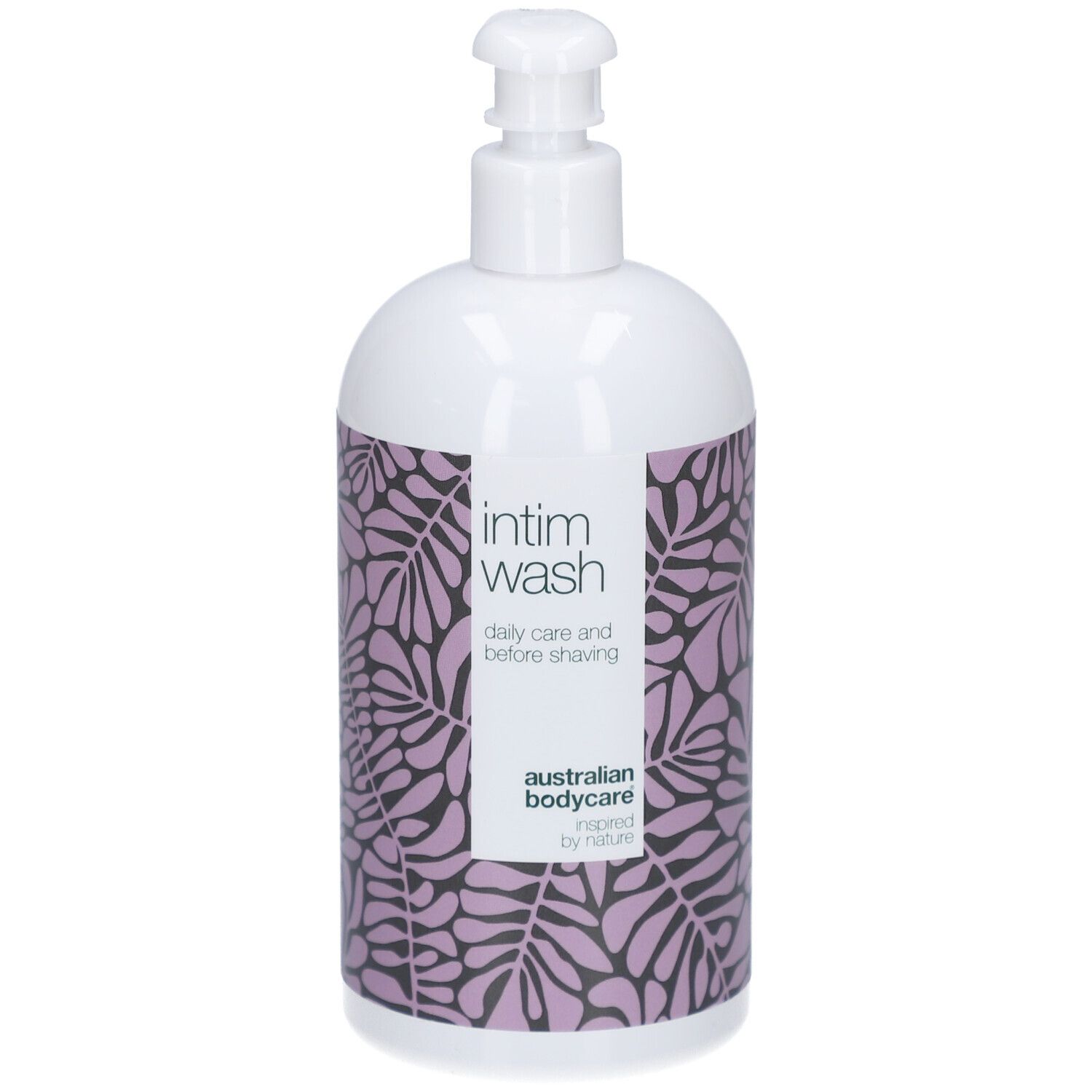 Weißer Spender mit lila Muster und Text: Intim Wash. Australian Bodycare.