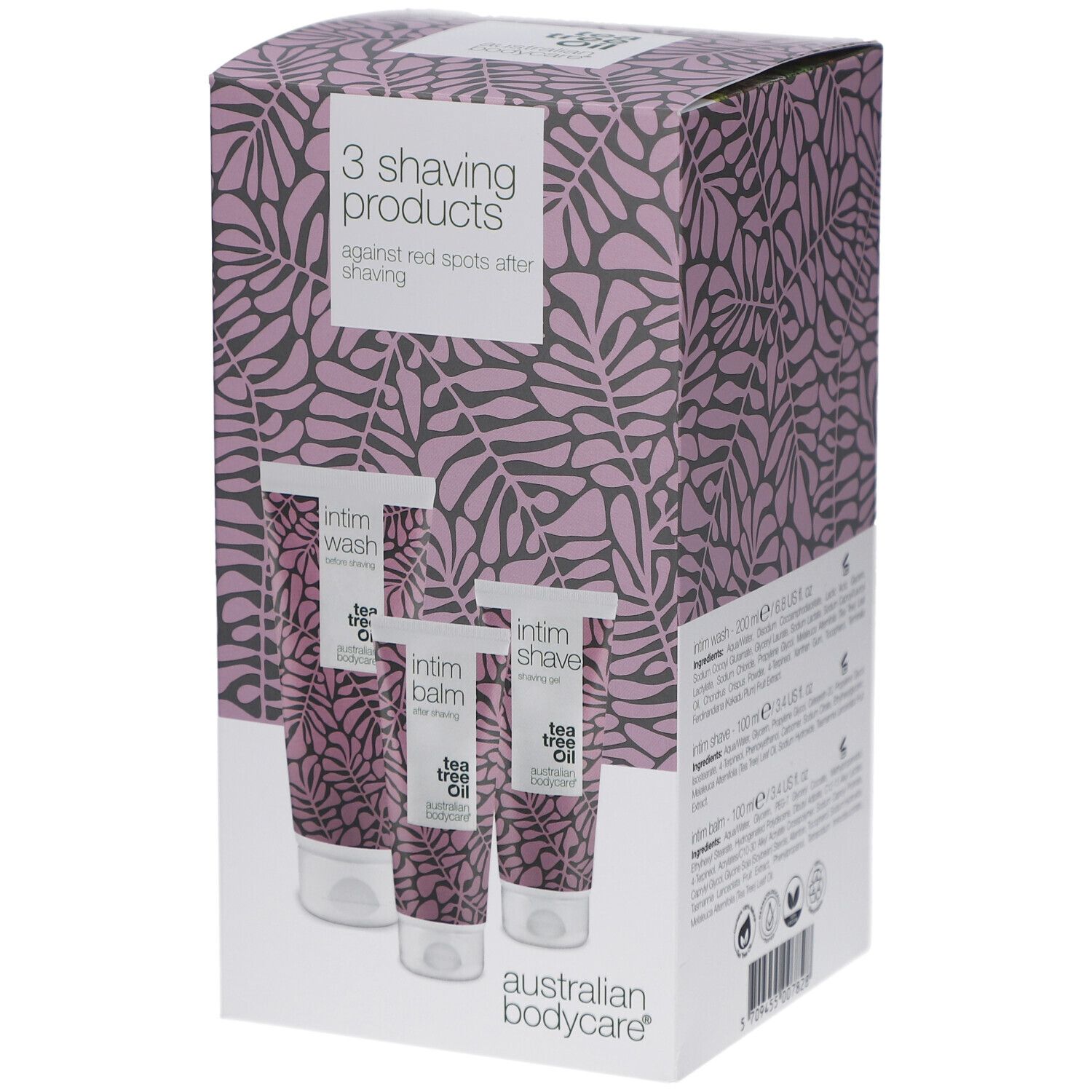 Set mit drei Rasurprodukten von Australian Bodycare gegen rote Flecken nach der Rasur.