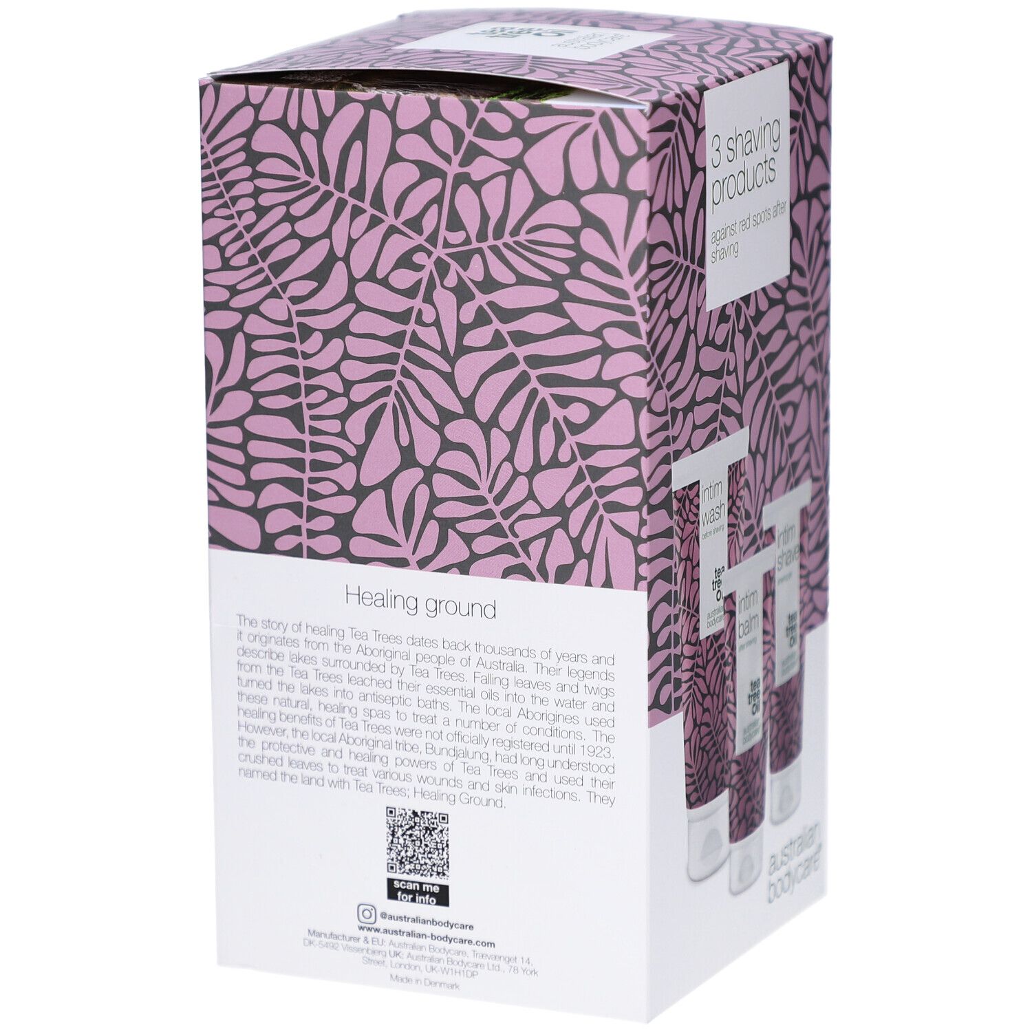 Verpackung für 3 Rasierprodukte mit Blattmuster in Rosa und Grau.