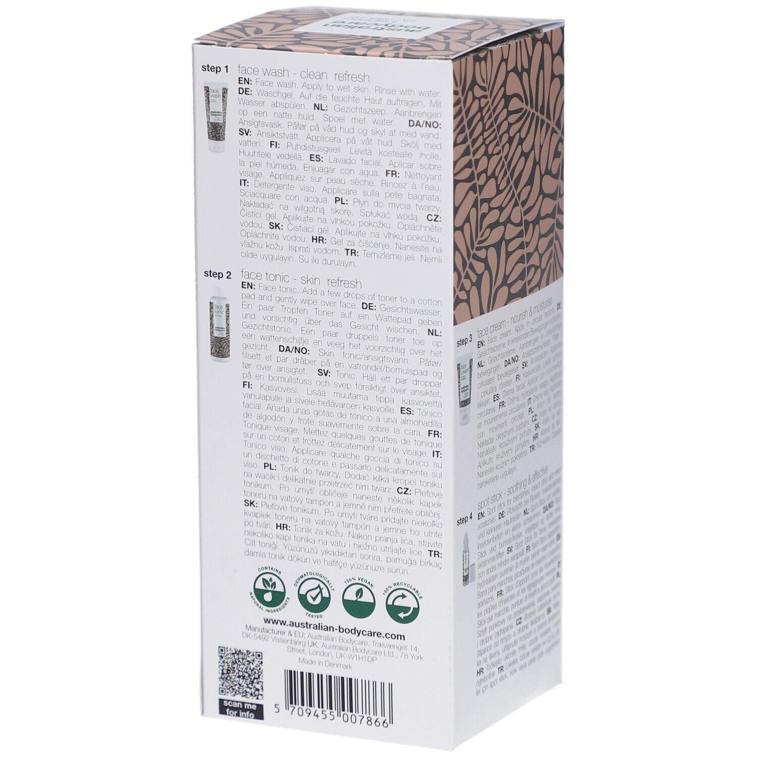 Rückseite der Verpackung mit Text in verschiedenen Sprachen. Abbildungen von Produkten und Logos.