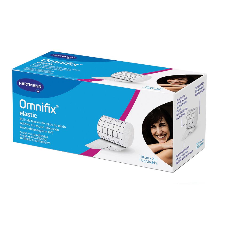 Hartmann Omnifix elastic Fixiervlies-Verpackung. Blaue Schachtel mit Produktname und Rollenabbildung. Enthält 1 Rolle 10cm x 2m.