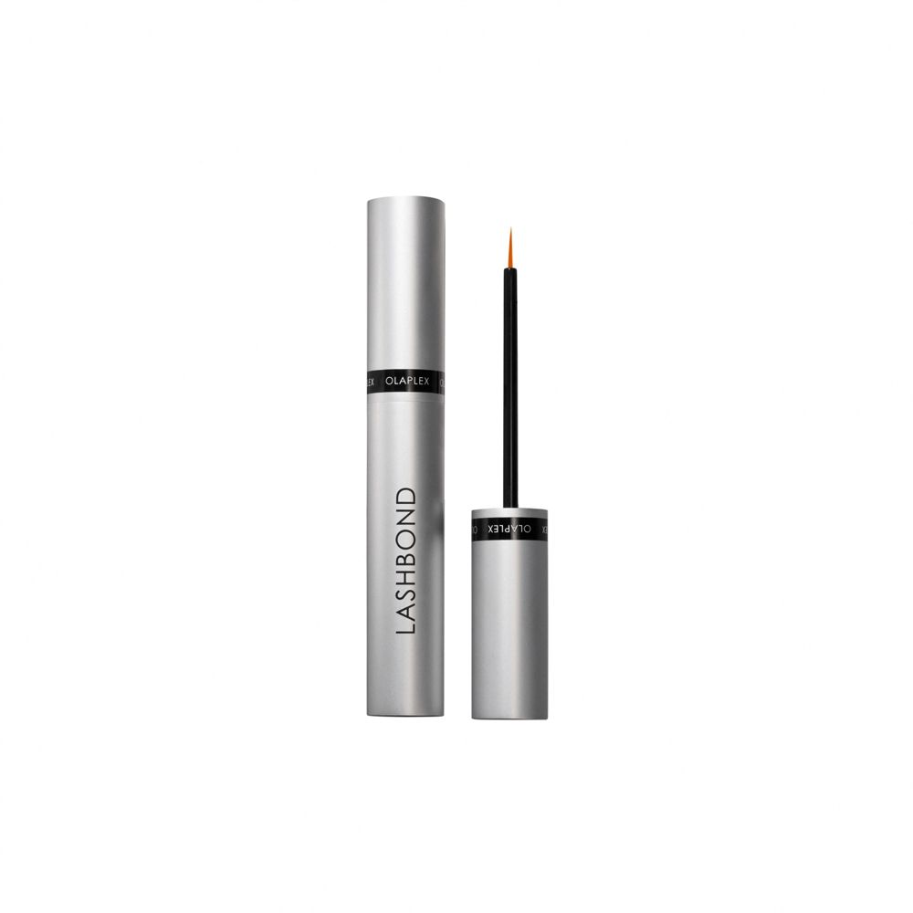 Silberfarbene Flasche und Applikator. Schwarzer Applikator mit feiner Spitze. Produktname: LASHBOND.