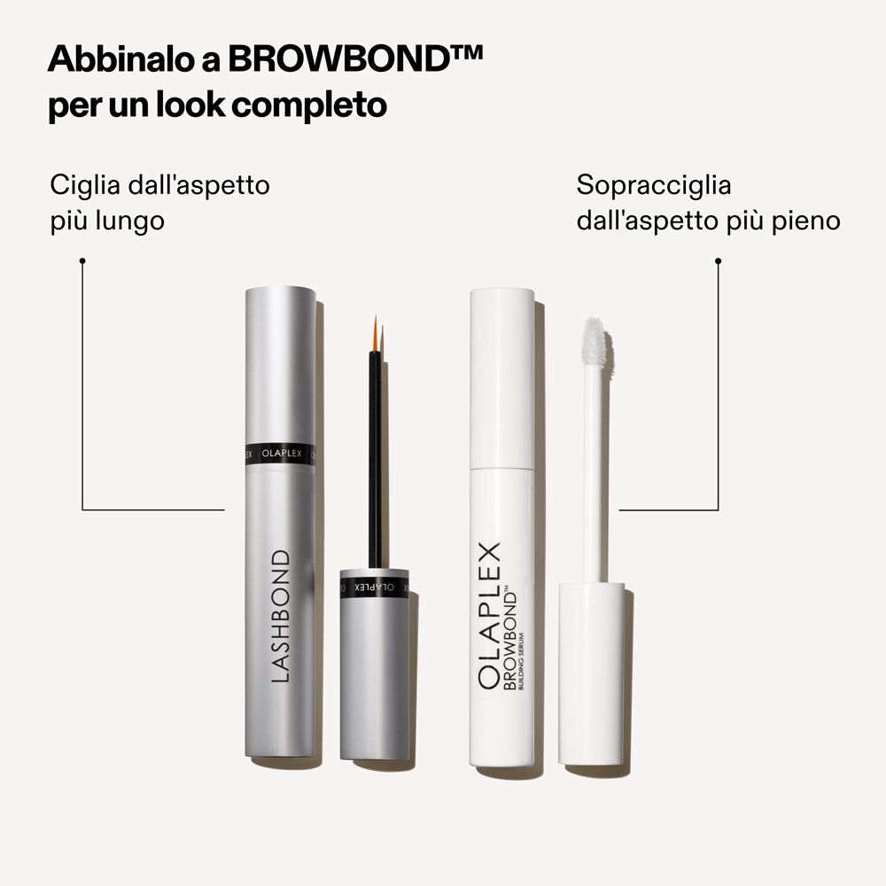 Zwei Produkte nebeneinander. Links: LASHBOND. Rechts: BROWBOND. Text: Ciglia dall'aspetto più lungo, Sopracciglia dall'aspetto più pieno.