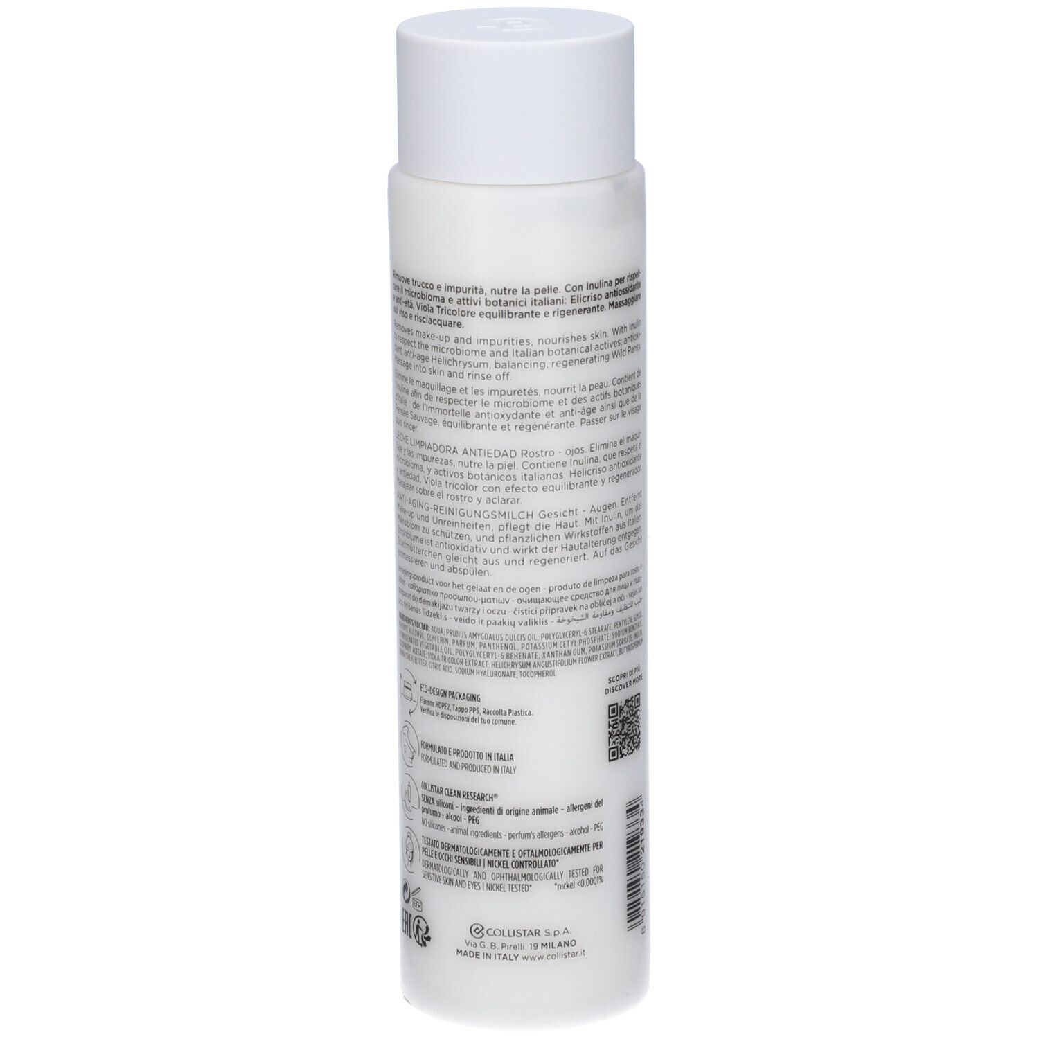 Weiße Flasche mit weißem Verschluss, Rückseite mit Text und QR-Code.