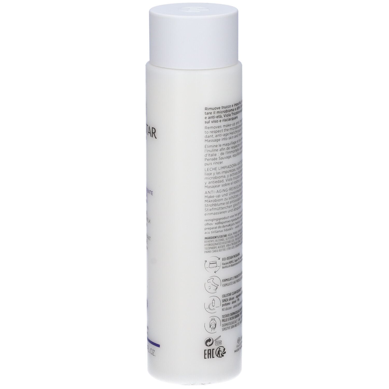 Weiße Flasche mit weißem Verschluss, beschriftet mit Produktinformationen und Symbolen.
