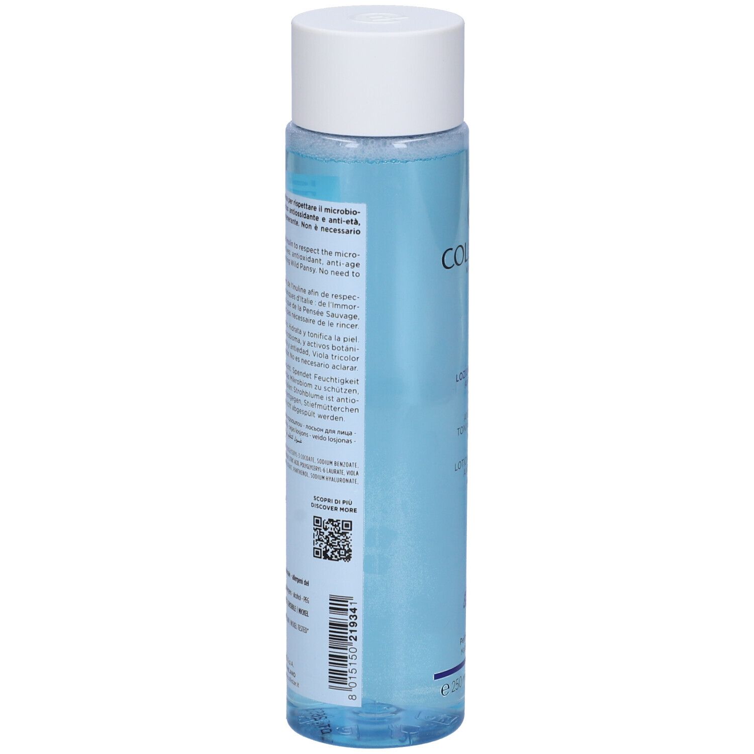 Eine blaue Flüssigkeit in einer durchsichtigen Flasche mit weißem Deckel. Etikett mit Text und QR-Code.