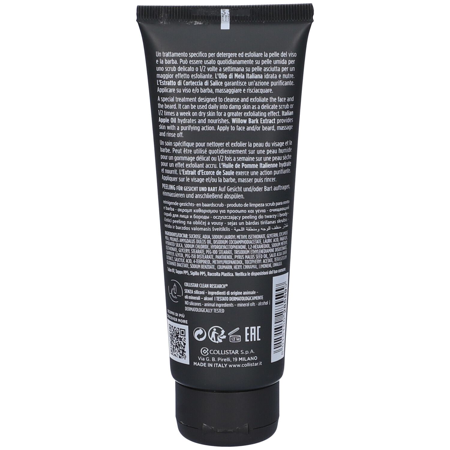 Schwarze Tube mit Reinigungsprodukt für Gesicht und Bart. Enthält Inhaltsstoffe und Anweisungen.