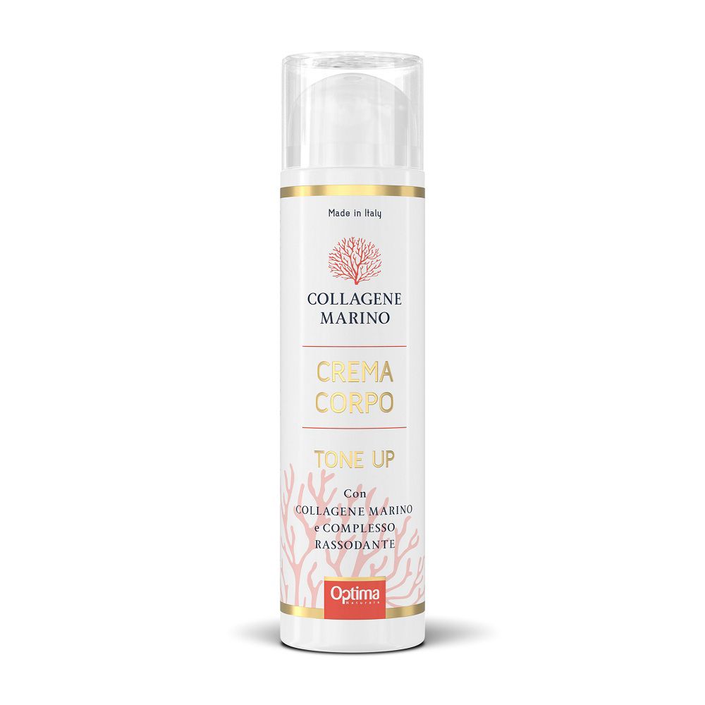 Weiße Flasche mit marine Kollagen Körpercreme Tone Up, goldener Schrift und Korallendekor.