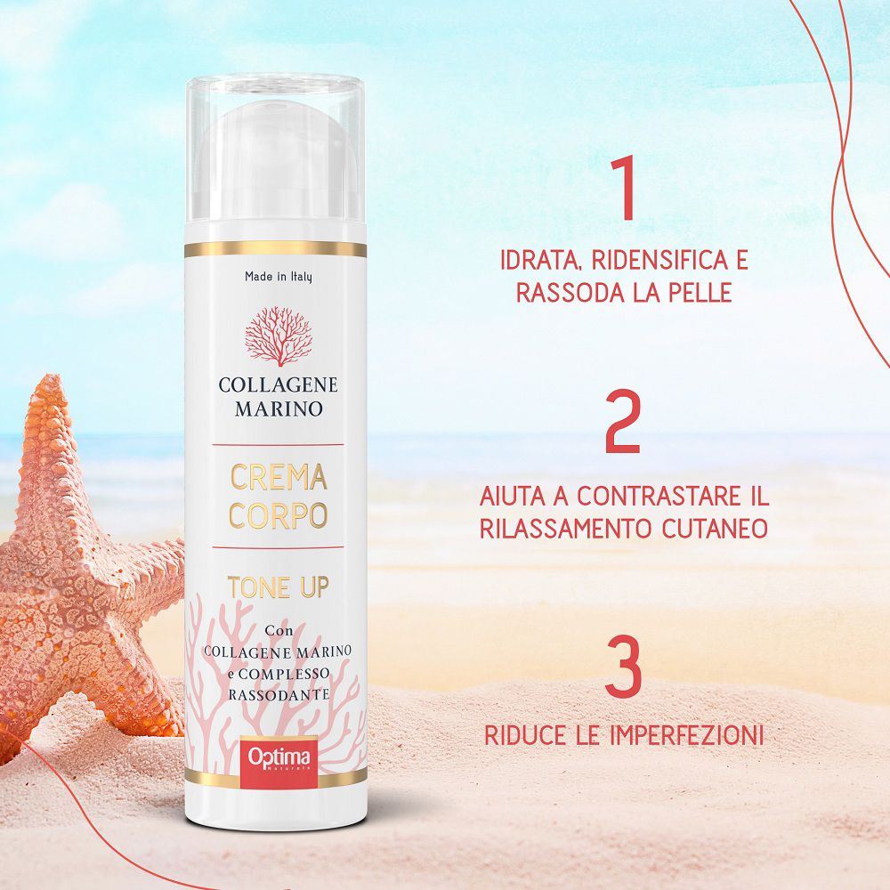 Flasche marine Kollagen Körpercreme Tone Up am Strand, mit nummerierten Vorteilen.