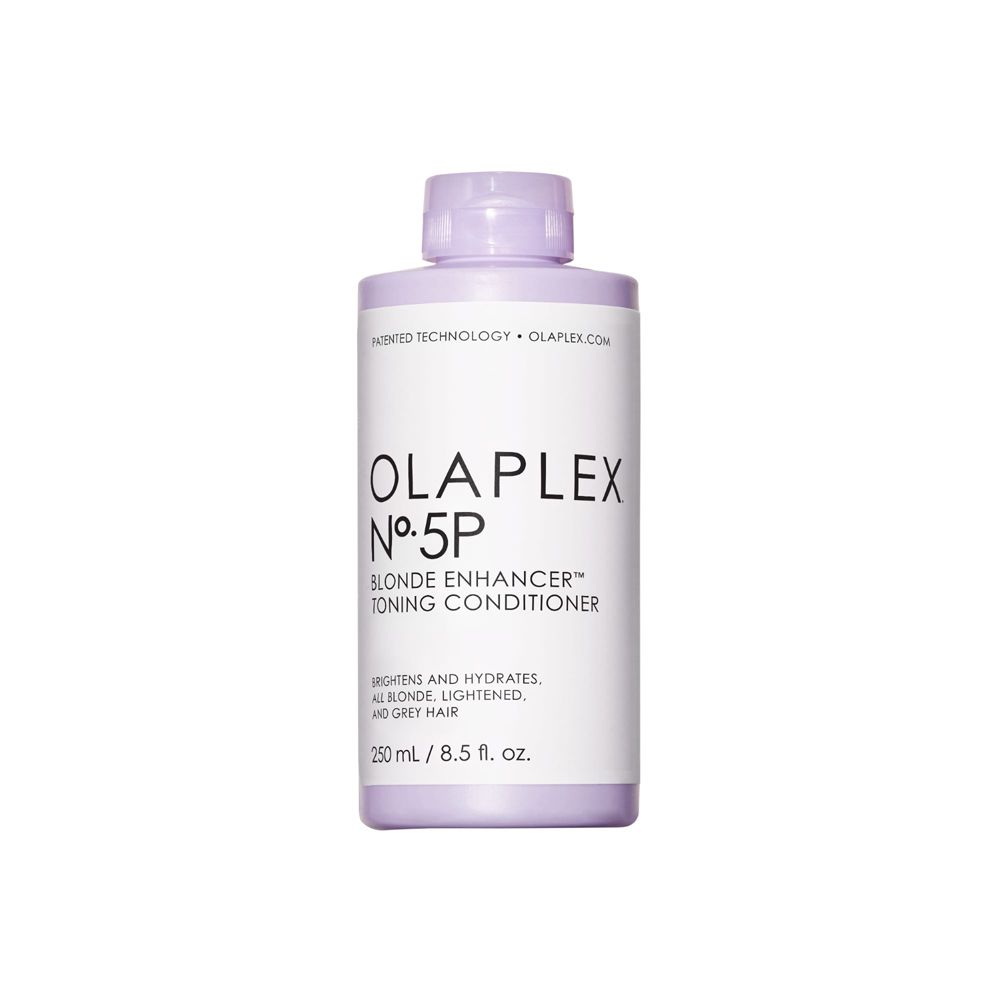 Flasche Olaplex Nº.5P Blonde Enhancer Toning Conditioner. Lila Flasche mit weißem Etikett. Text.