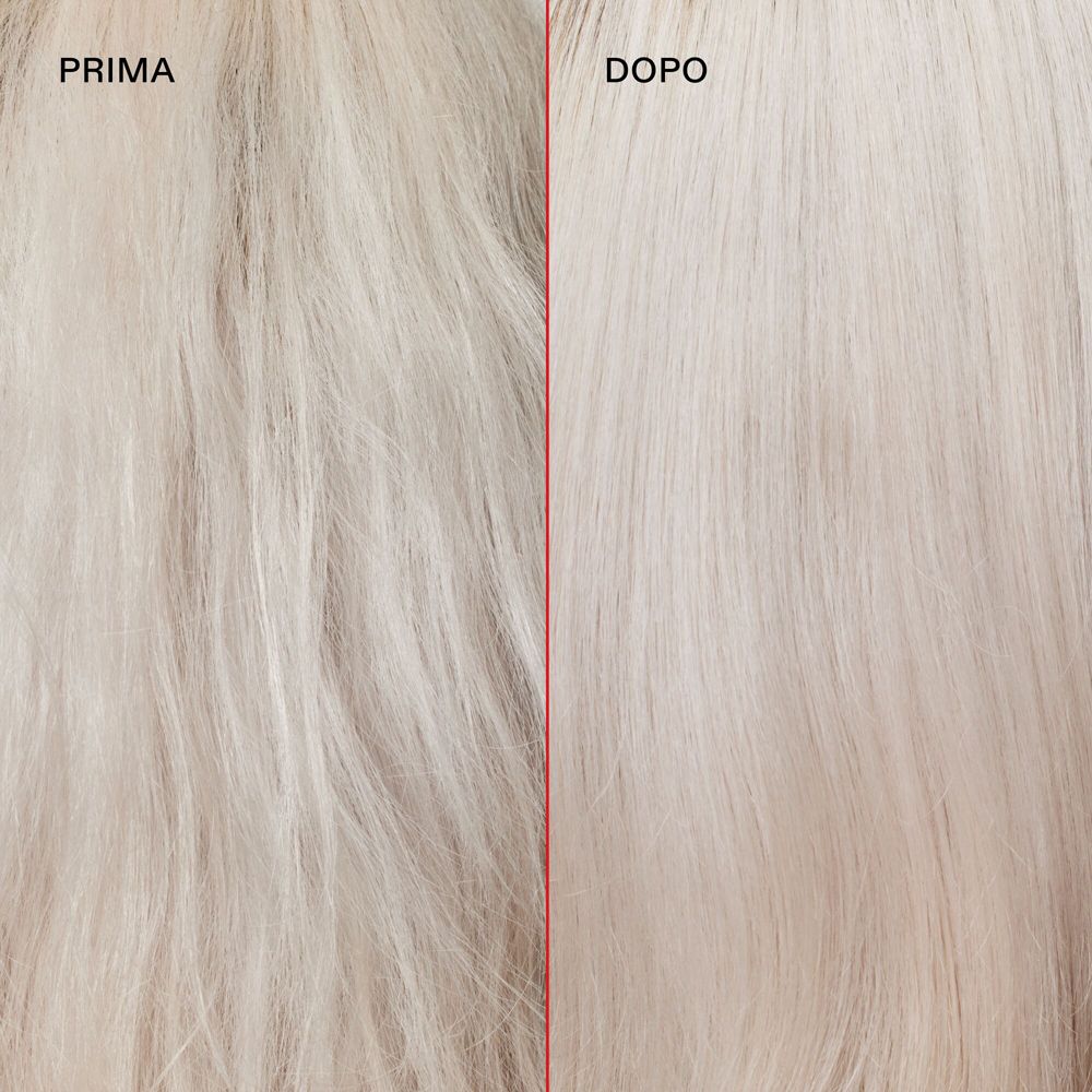 Vorher-Nachher-Vergleich von blondem Haar. Haare sehen nach der Behandlung heller aus.