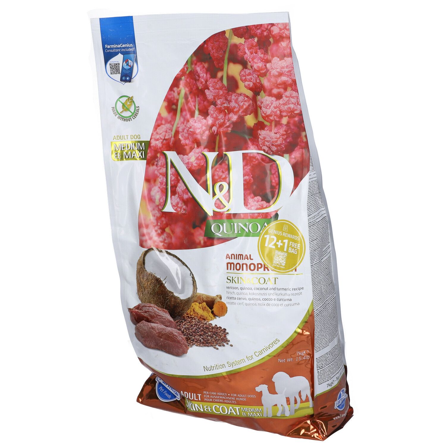 Hundefutterbeutel mit N&D Quinoa, Skin & Coat, Hirsch. Abbildung von Zutaten wie Kokosnuss und Leinsamen. Adult.