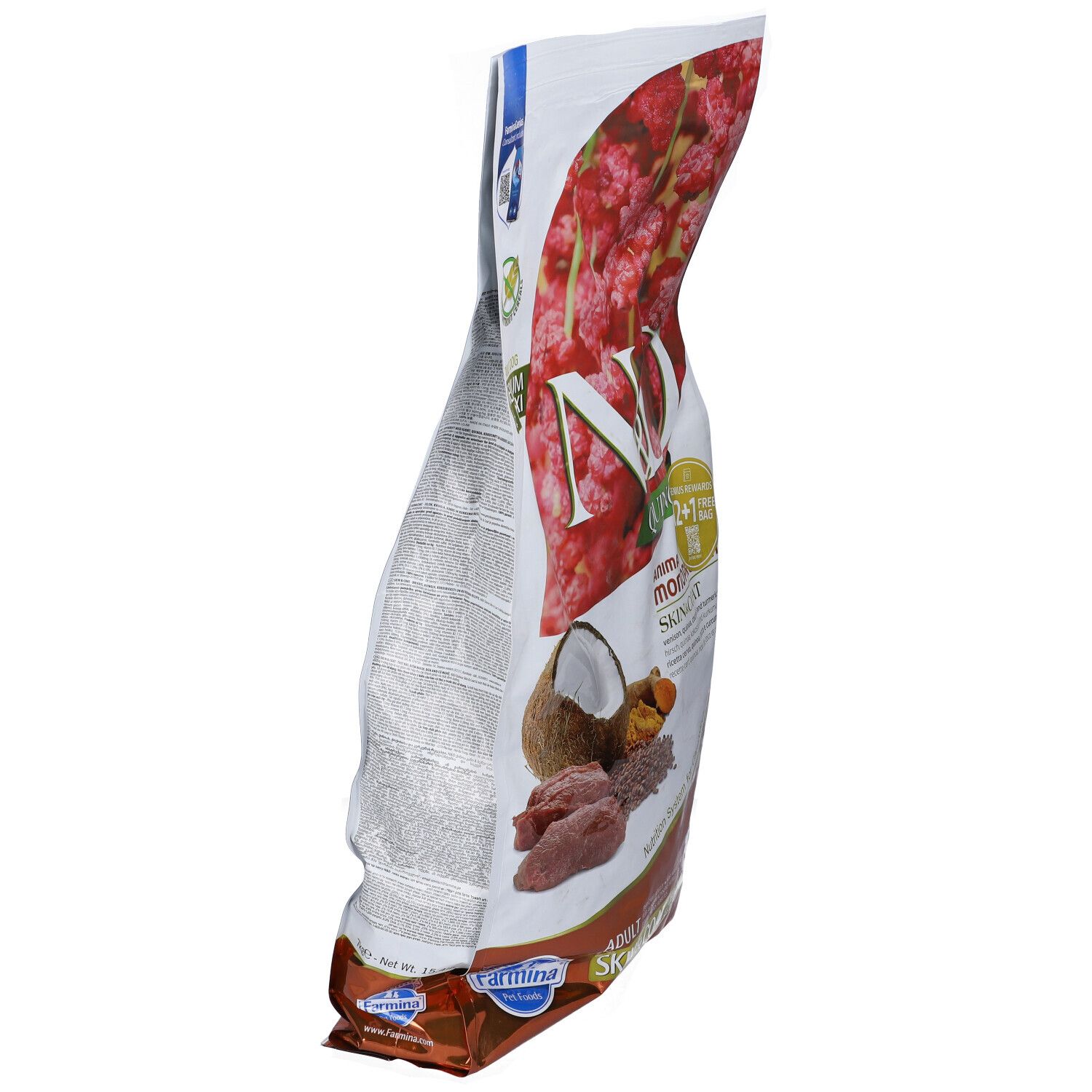 Seitenansicht des Hundefutterbeutels N&D Quinoa, Skin & Coat, Hirsch. Zutaten wie Kokosnuss und Leinsamen sind abgebildet.