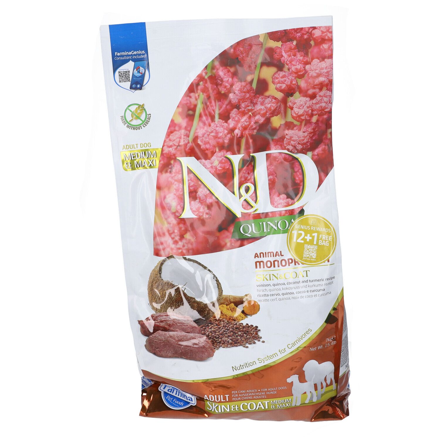 Hundefutterbeutel mit N&D Quinoa, Skin & Coat, Hirsch. Abbildung von Zutaten wie Kokosnuss und Leinsamen. Adult.