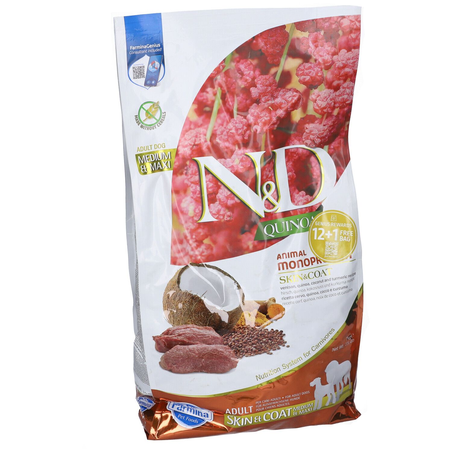 Hundefutterbeutel mit N&D Quinoa, Skin & Coat, Hirsch. Abbildung von Zutaten wie Kokosnuss und Leinsamen. Adult.