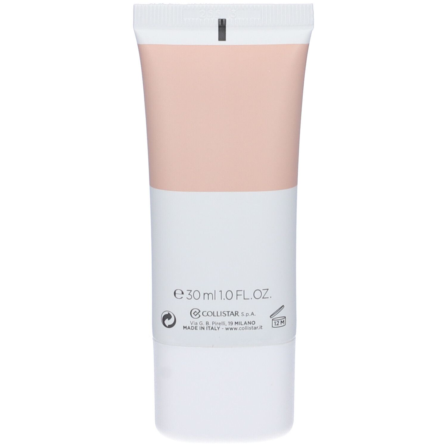 Eine weiße Tube mit einem hellrosa oberen Abschnitt, die 30 ml/1,0 fl oz enthält. Marke: Collistar.
