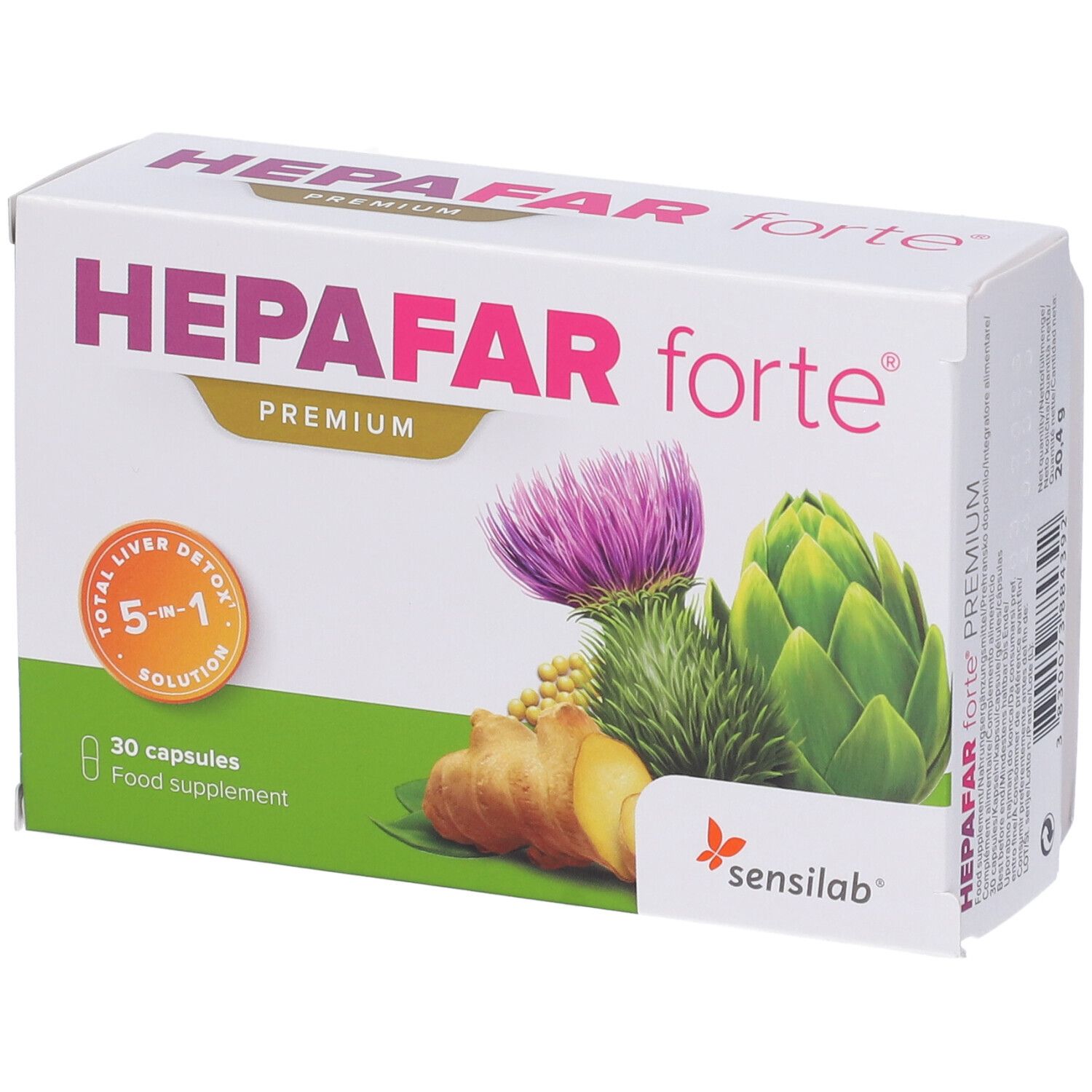 Packung Hepafar Forte Premium Kapseln mit Artischocke, Mariendistel und Ingwer.