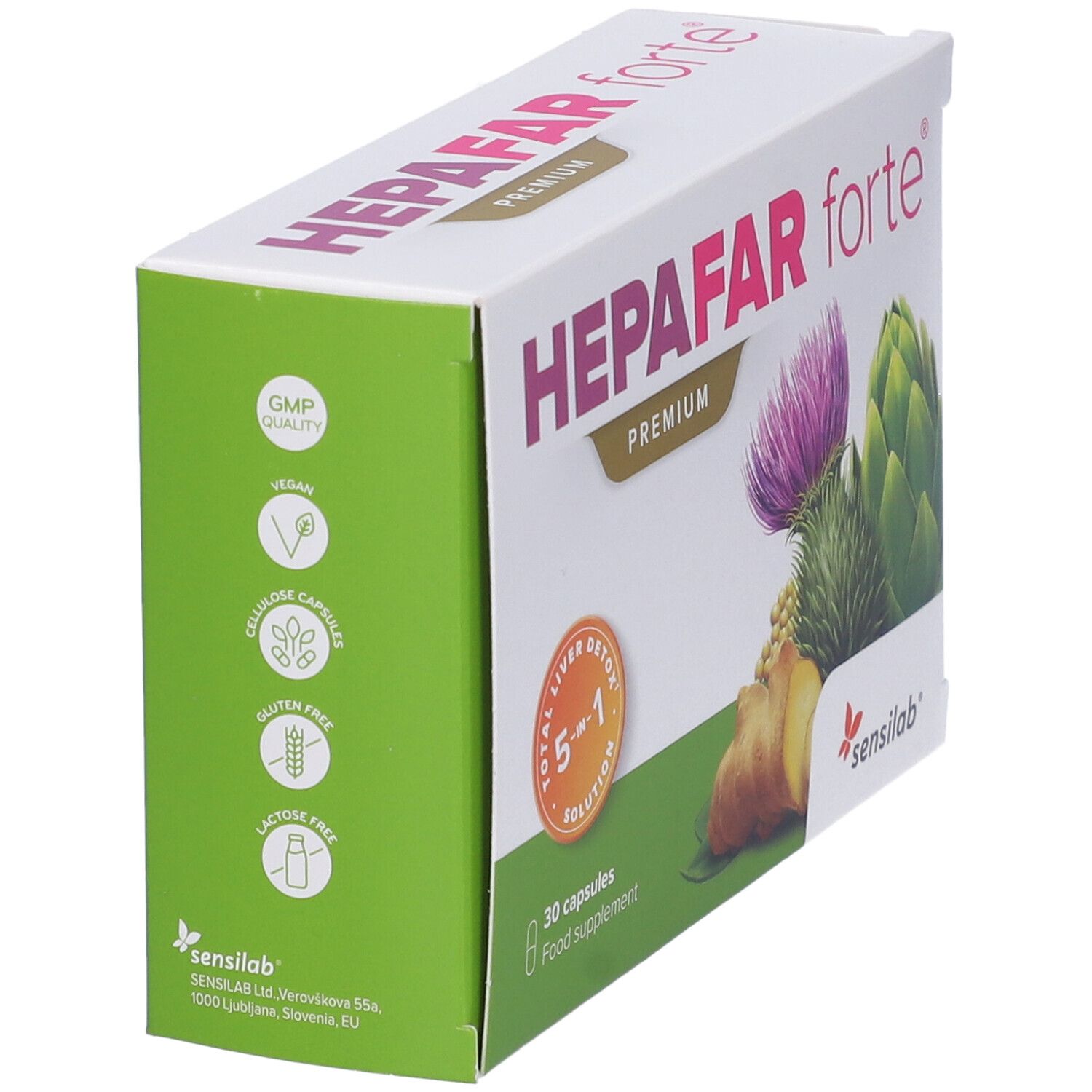 Seite einer Hepafar Forte Premium Kapselpackung mit veganen und glutenfreien Hinweisen.