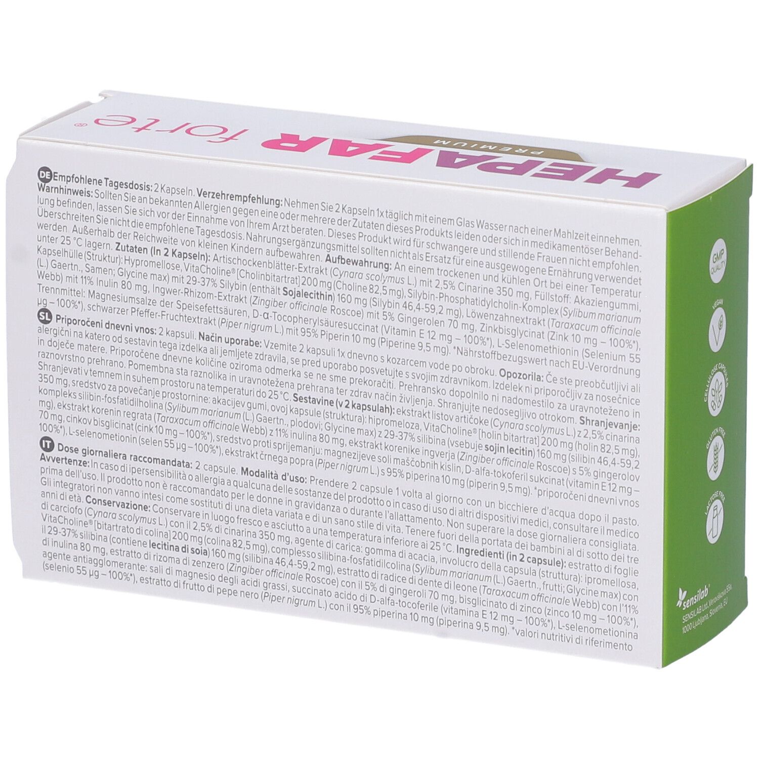 Rückseite einer Hepafar Forte Premium Kapselpackung mit detaillierten Anwendungshinweisen.