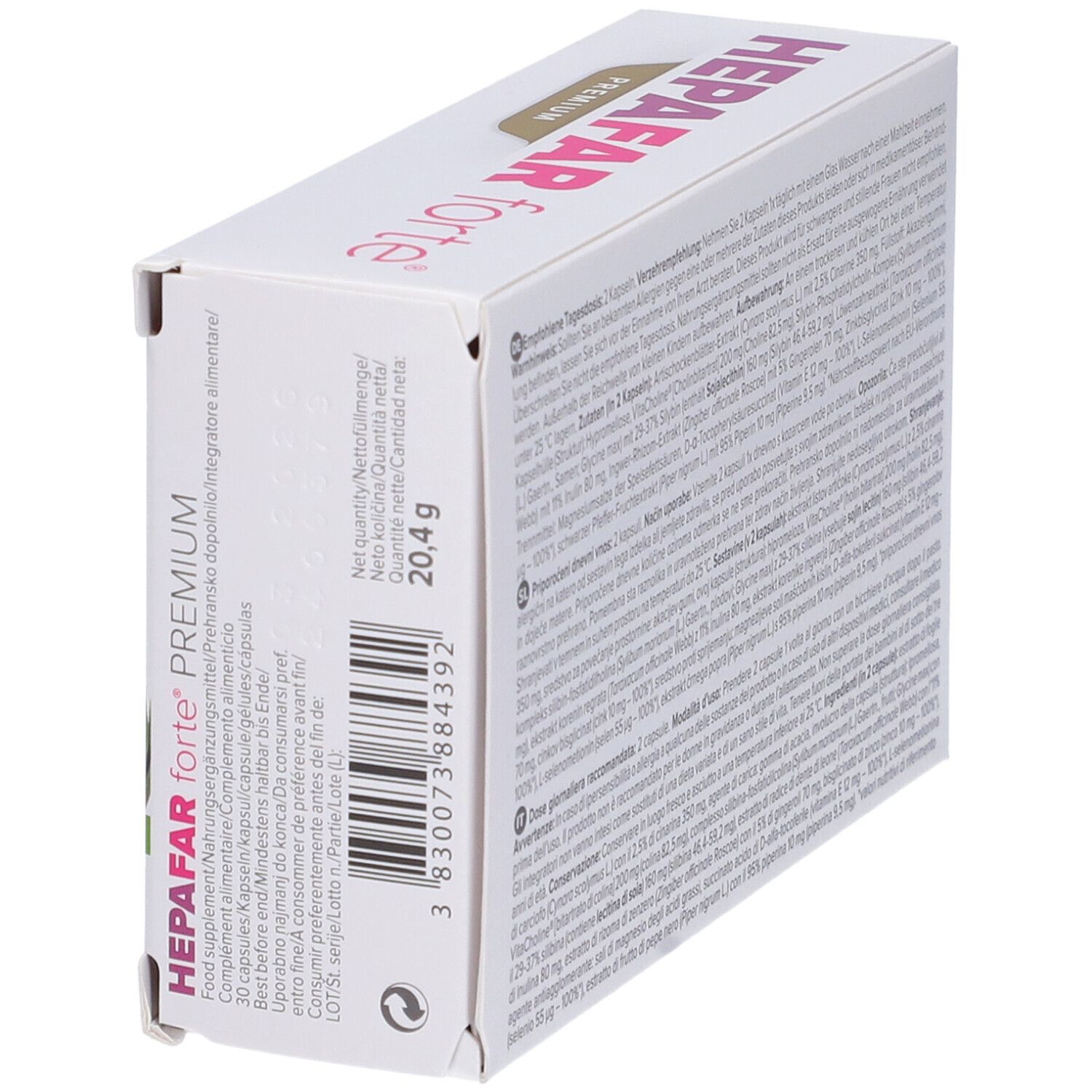 Seitenansicht der Hepafar Forte Premium Kapselpackung mit Barcode und Nettofüllmenge.