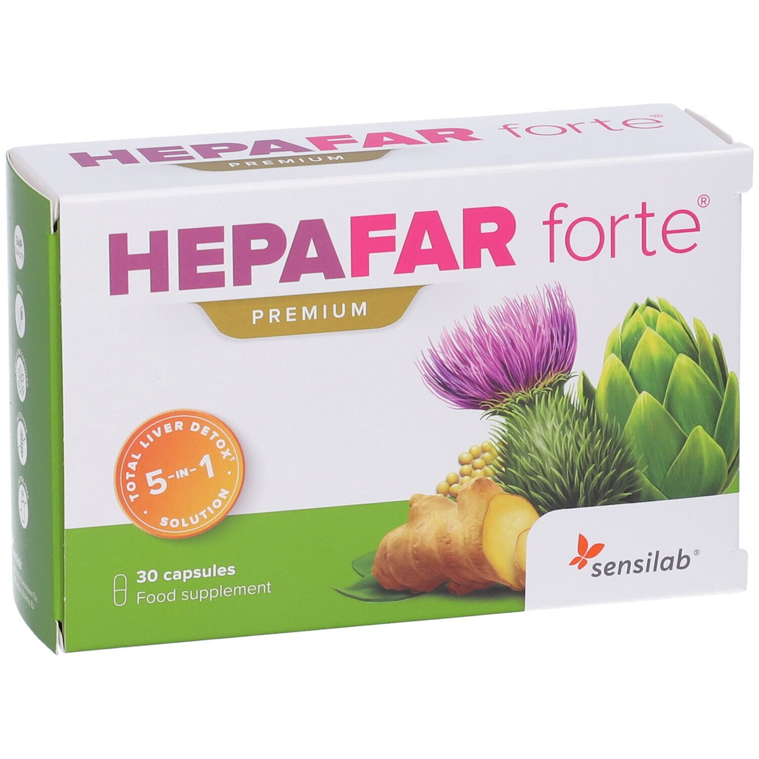 Vorderseite der Hepafar Forte Premium Kapselpackung mit Artischocke, Mariendistel und Ingwer.