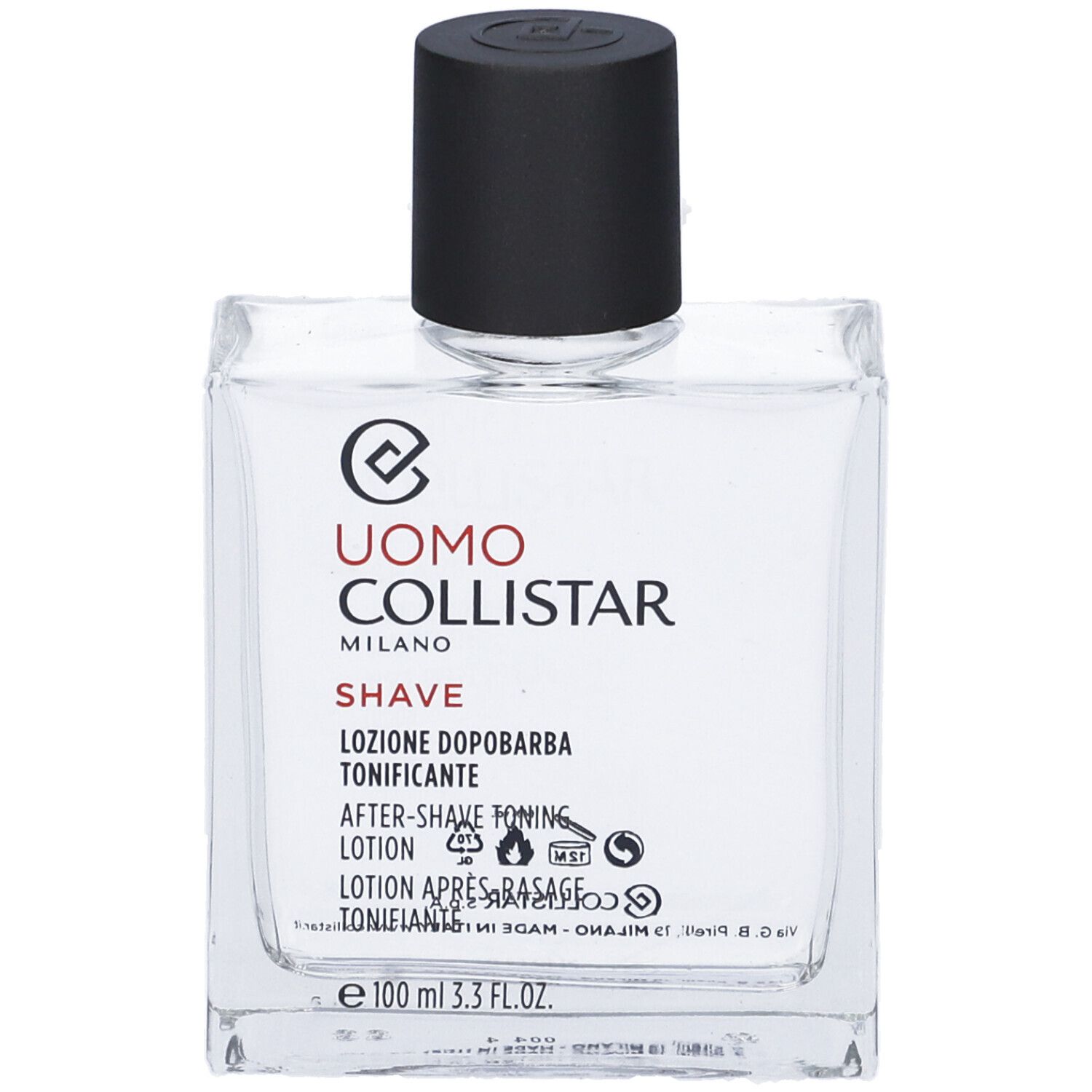 Collistar Uomo After-Shave Toning Lotion in klarer Glasflasche mit schwarzem Deckel. 100 ml.