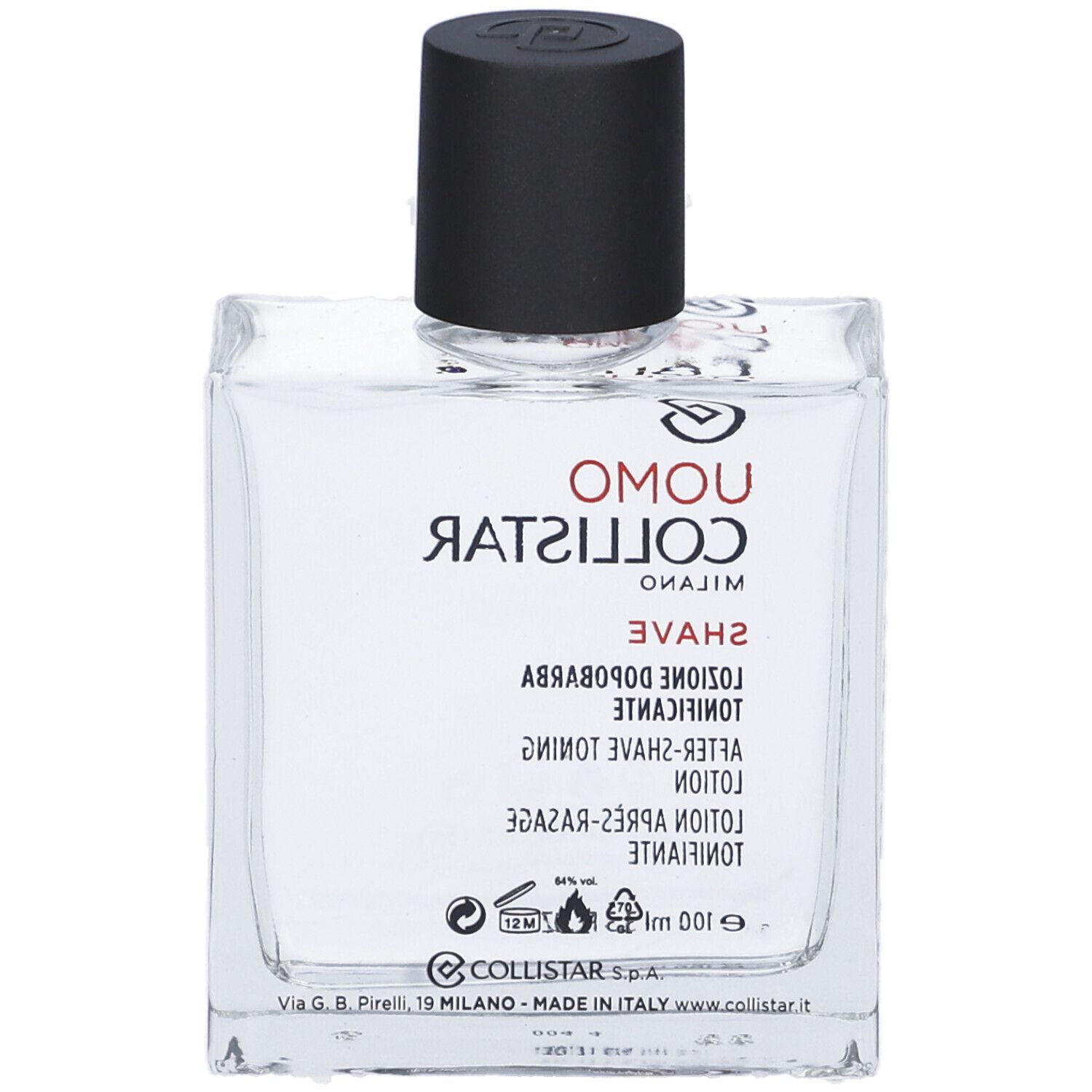 Collistar Uomo After Shave Lotion Tonificante in Glasflasche mit schwarzem Deckel.