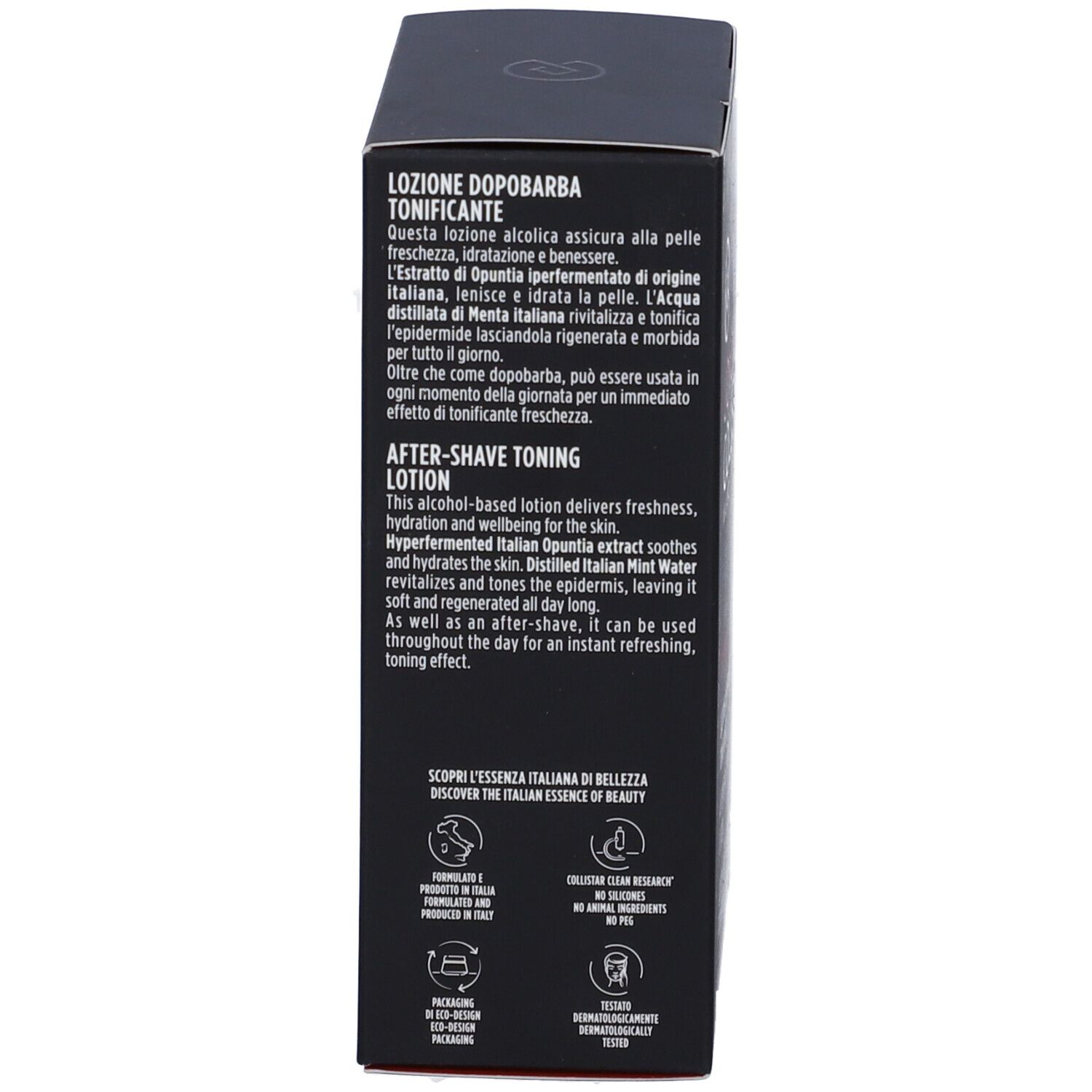 Verpackung für After-Shave Toning Lotion mit Text und Symbolen.