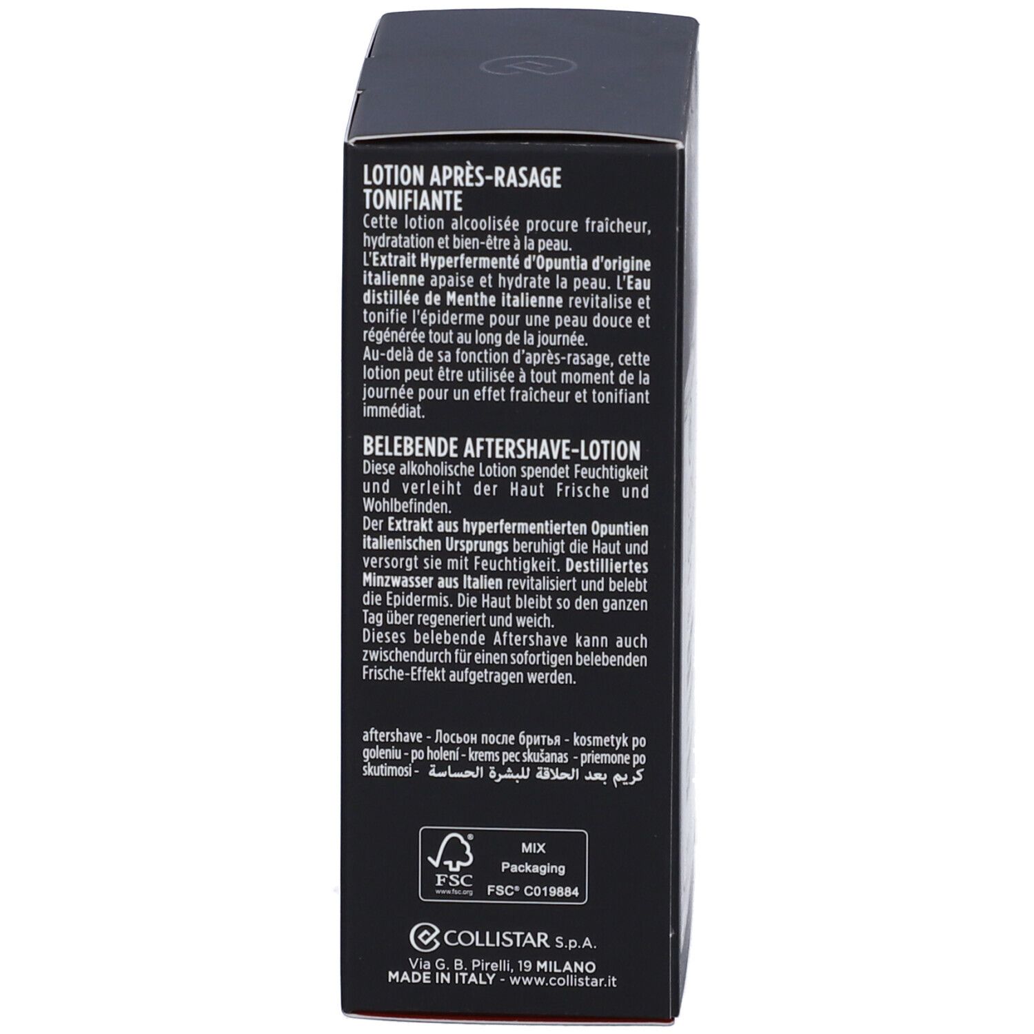 Belebende Aftershave-Lotion von Collistar in schwarzer Verpackung mit Produktinformationen.