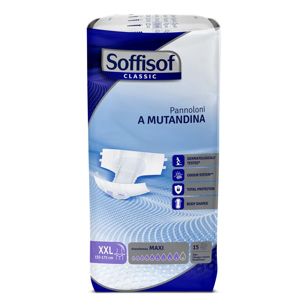 Verpackung Soffisof Classic Maxi Couches Adultes. XXL, 15 Stück. Aufdrucke: Pannoloni A Mutandina, Dermatologisch getestet.