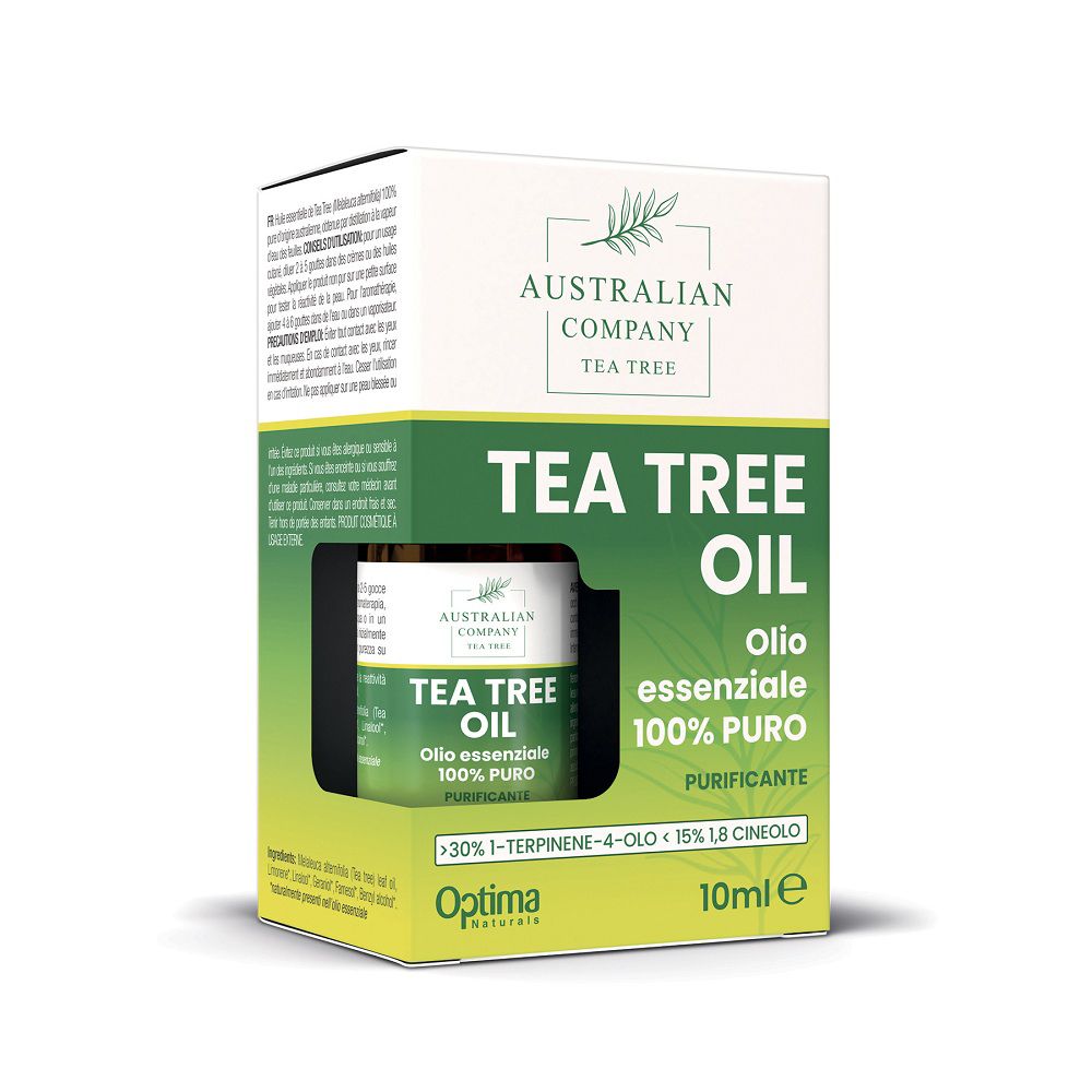 Verpackung mit Fläschchen Teebaumöl, 10ml. Enthält australisches Teebaumöl.