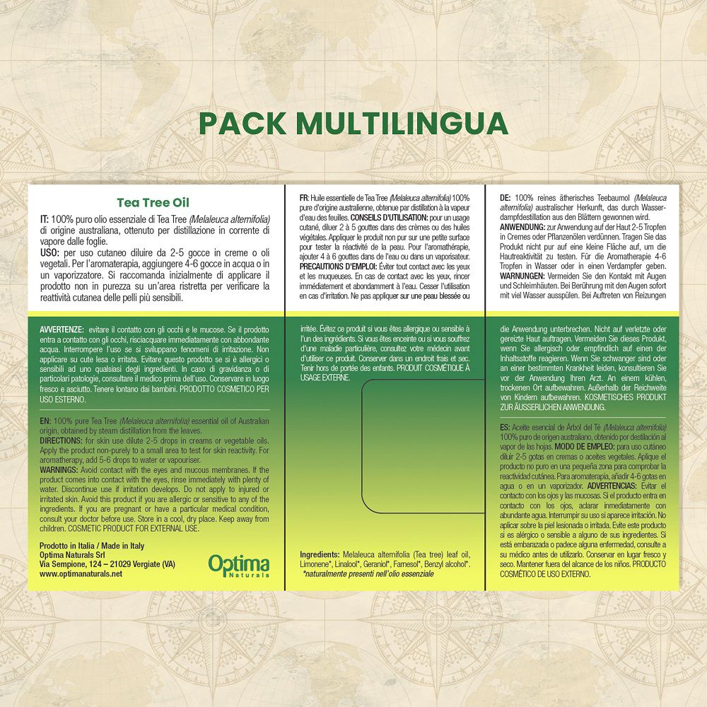 Mehrsprachige Verpackungsbeschreibung für Teebaumöl. Informationen in Deutsch, Englisch, Französisch.