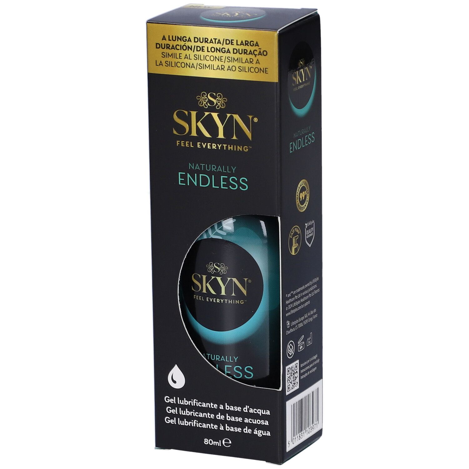 Schwarze Verpackung mit Produkt. SKYN-Logo und "Endless" Schriftzug. Flasche sichtbar. 80ml.