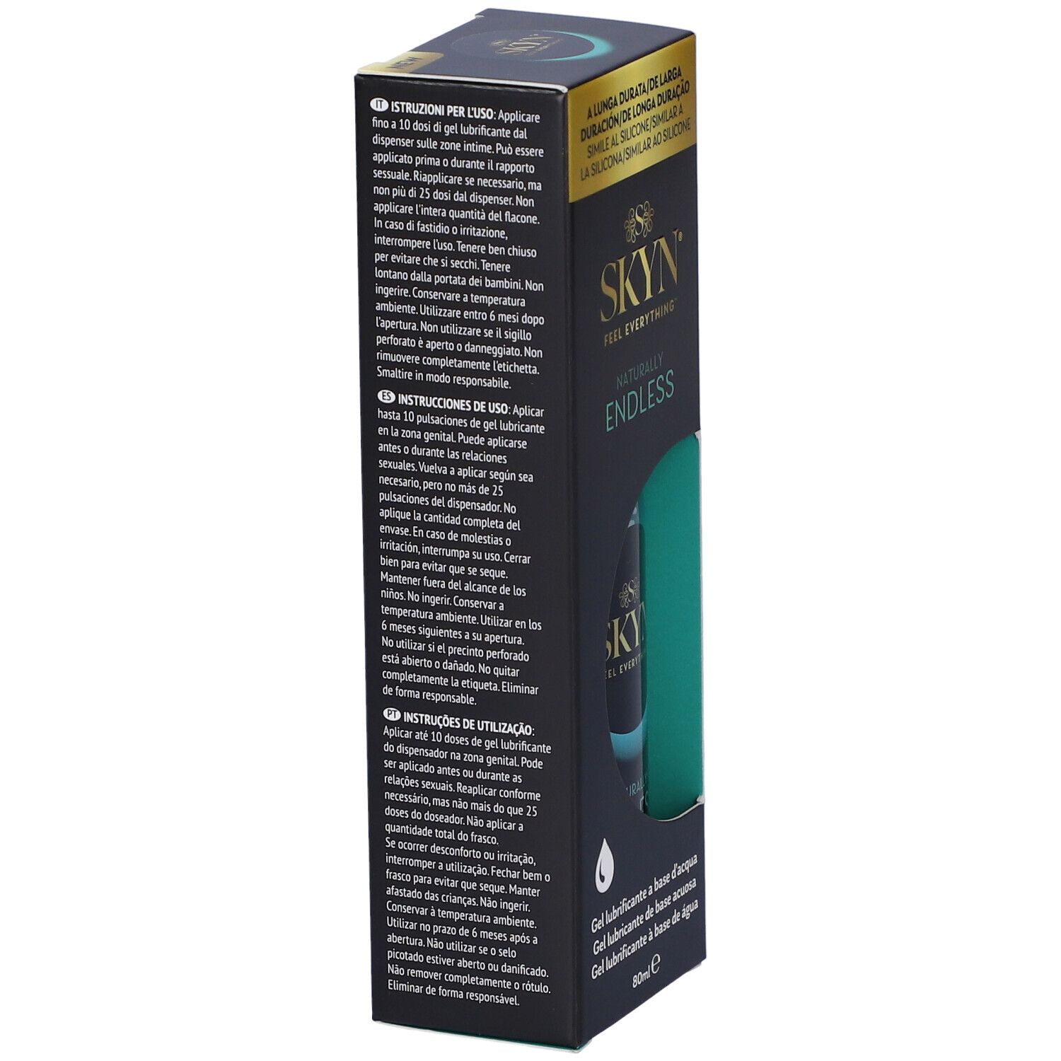Schwarze Verpackung, Text auf Italienisch, Französisch und Portugiesisch. SKYN-Logo. 80ml.