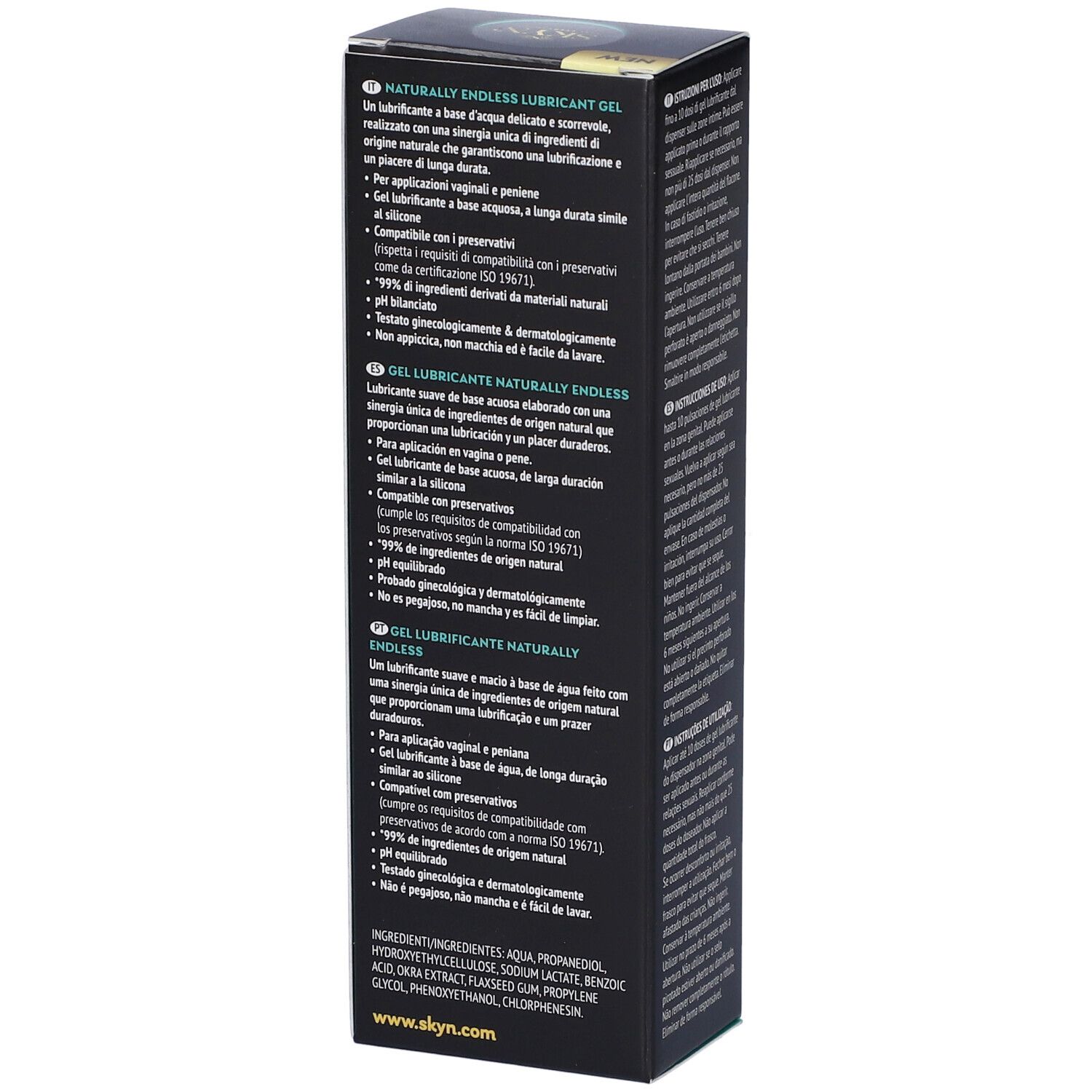 Schwarze Verpackung mit Text. SKYN-Logo. Inhaltsstoffe und Zertifizierungen. 80ml.