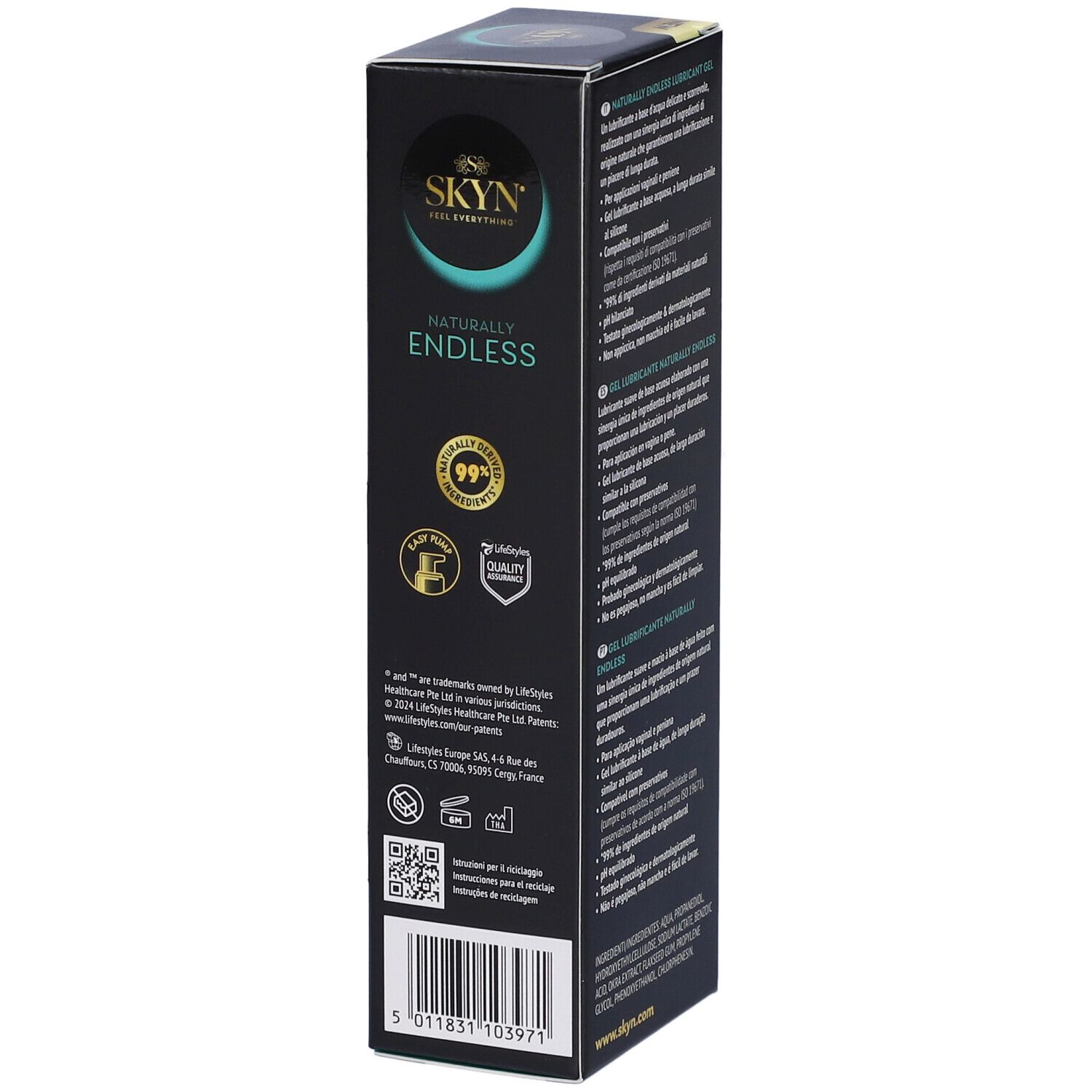 Schwarze Verpackung mit Text und Logo. SKYN-Logo. Zertifizierungen. 80ml.