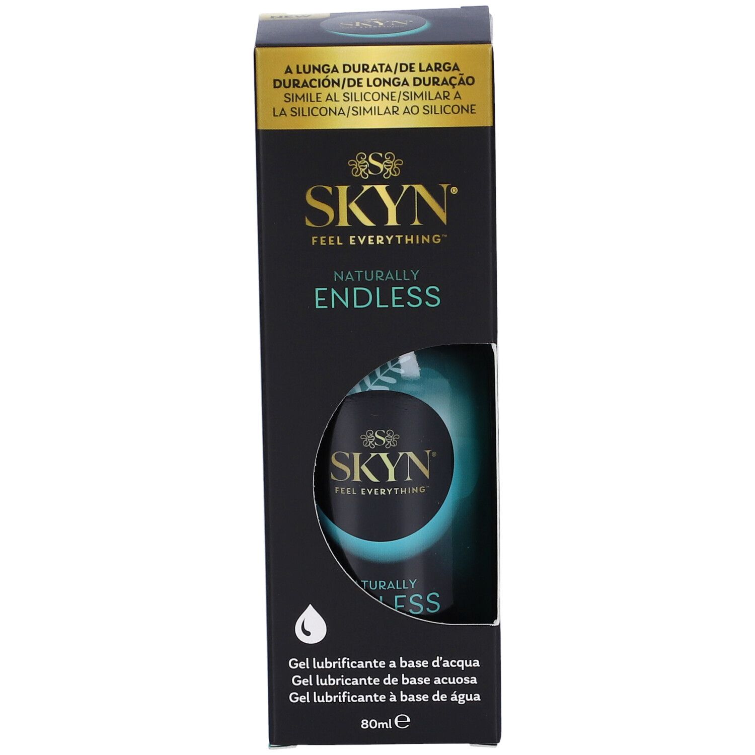 Schwarze Verpackung mit Produkt. SKYN-Logo und "Endless" Schriftzug. Flasche sichtbar. 80ml.