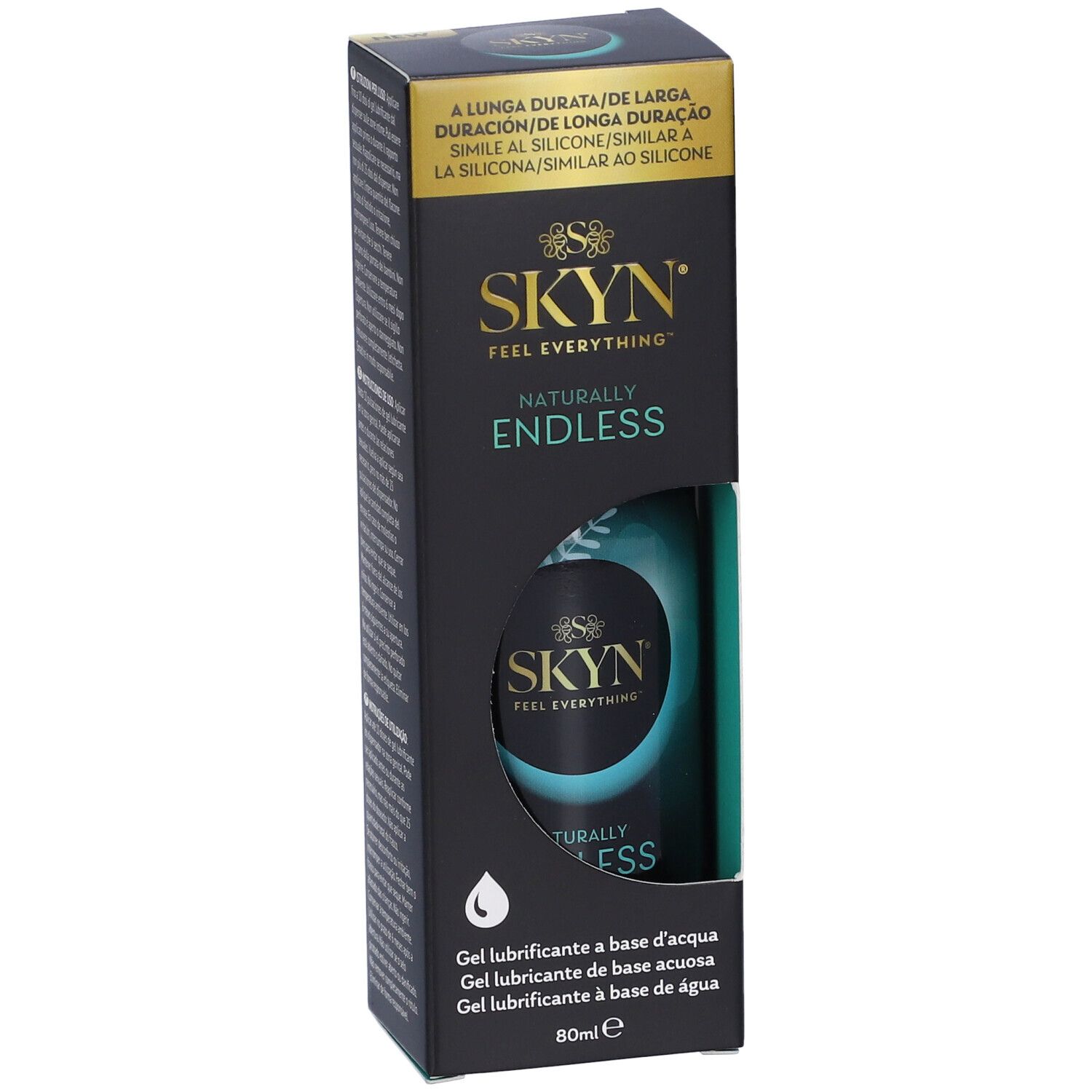 Schwarze Verpackung mit Produkt. SKYN-Logo und "Endless" Schriftzug. Flasche sichtbar. 80ml.