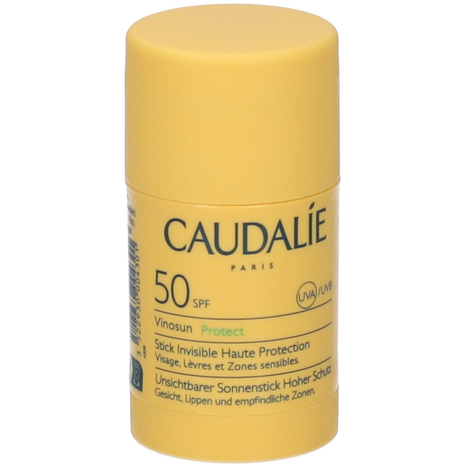 Gelber Sonnenschutz-Stick. Aufschrift Caudalie, SPF 50, Vinosun Protect. Für Gesicht, Lippen und empfindliche Zonen.