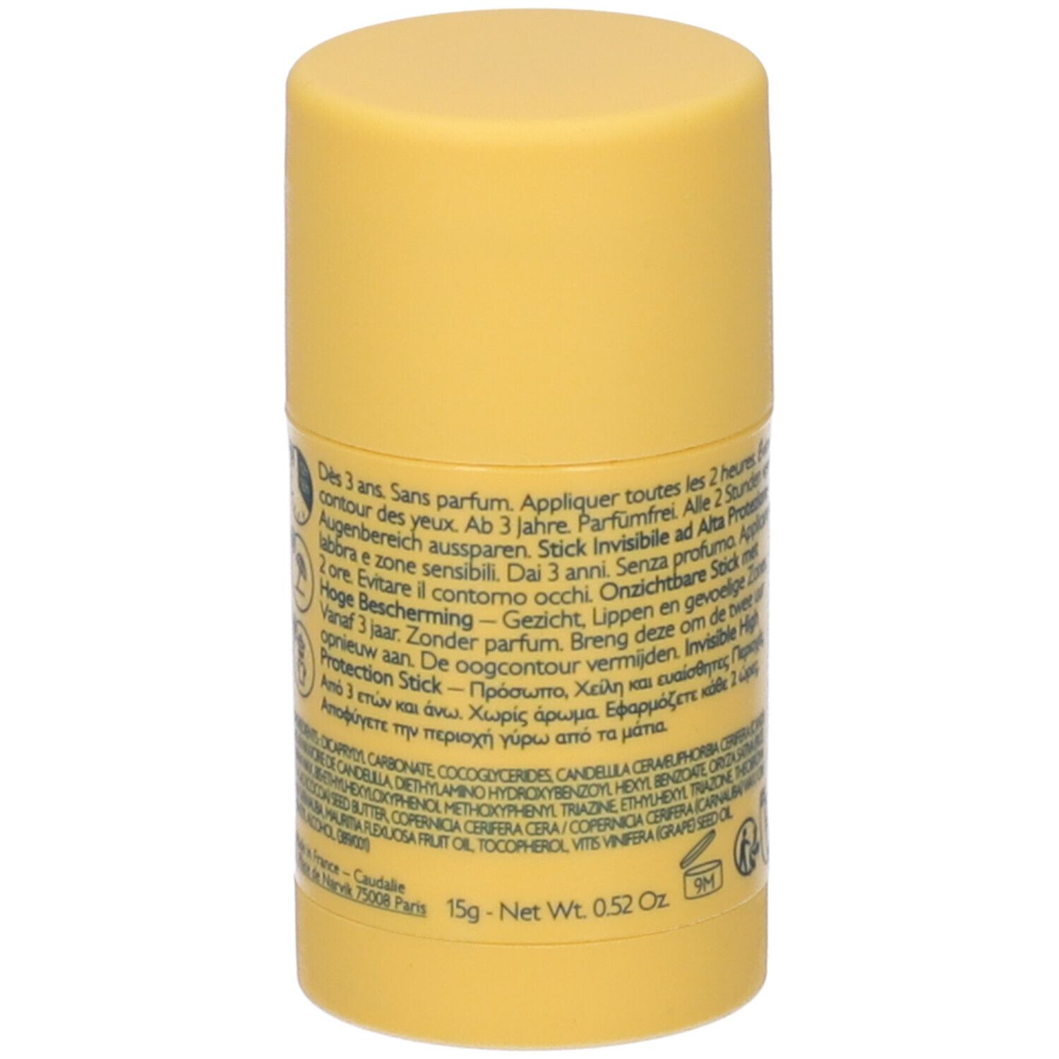Gelber Sonnenschutz-Stick. Rückseite mit Text. Enthält Informationen zu Inhaltsstoffen und Anwendung.