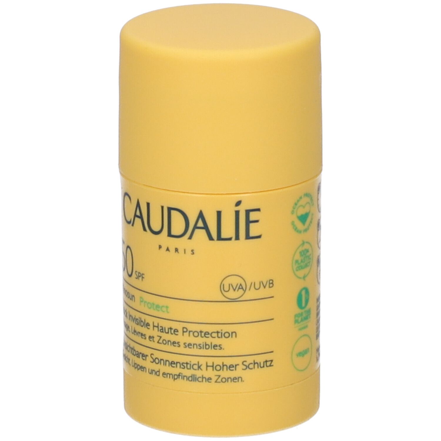 Gelber Sonnenschutz-Stick. Aufschrift Caudalie, SPF 50, Vinosun Protect. Mit UVA/UVB-Logo.