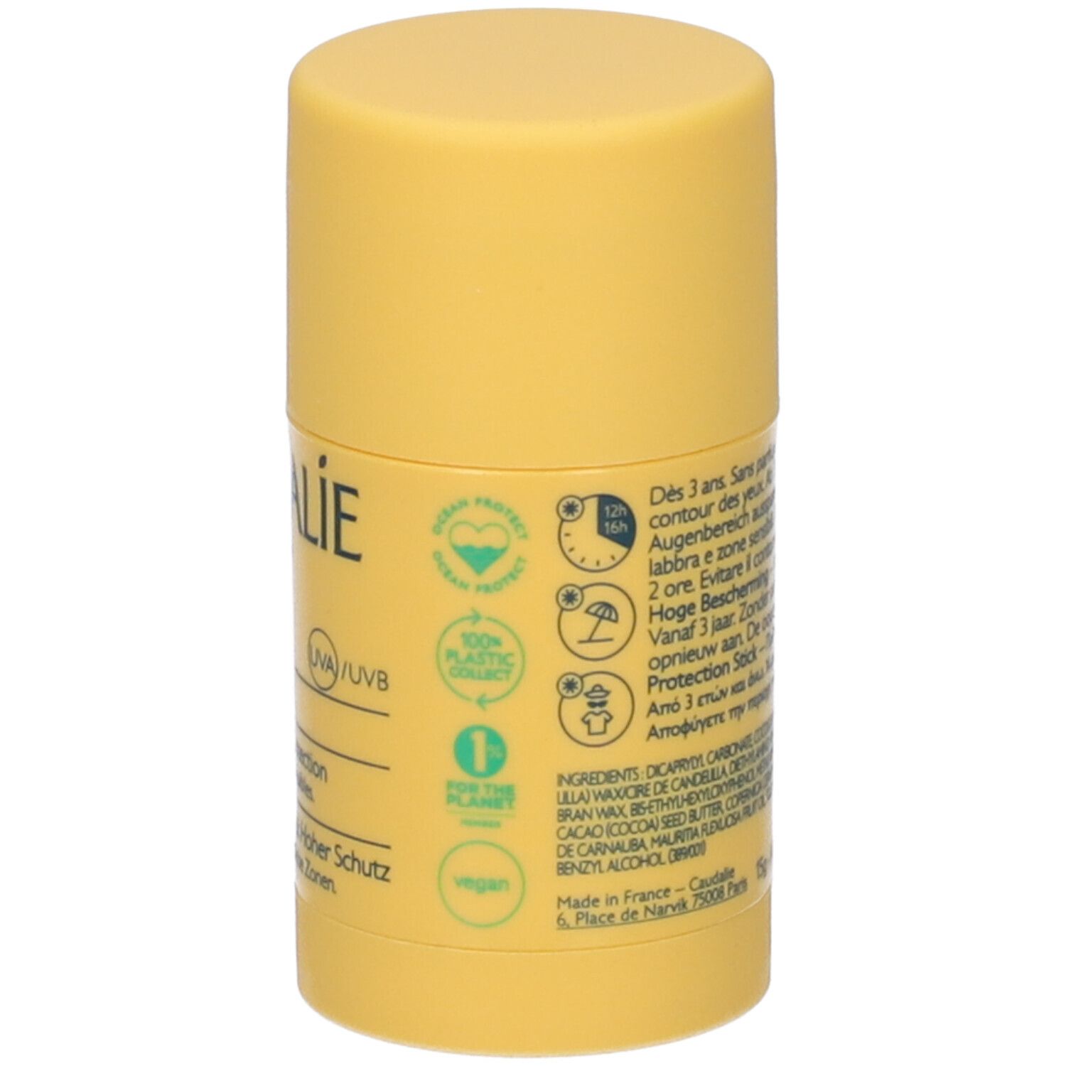 Gelber Sonnenschutz-Stick. Rückseite mit Text und Logos. Enthält Informationen zu Inhaltsstoffen und Zertifizierungen.
