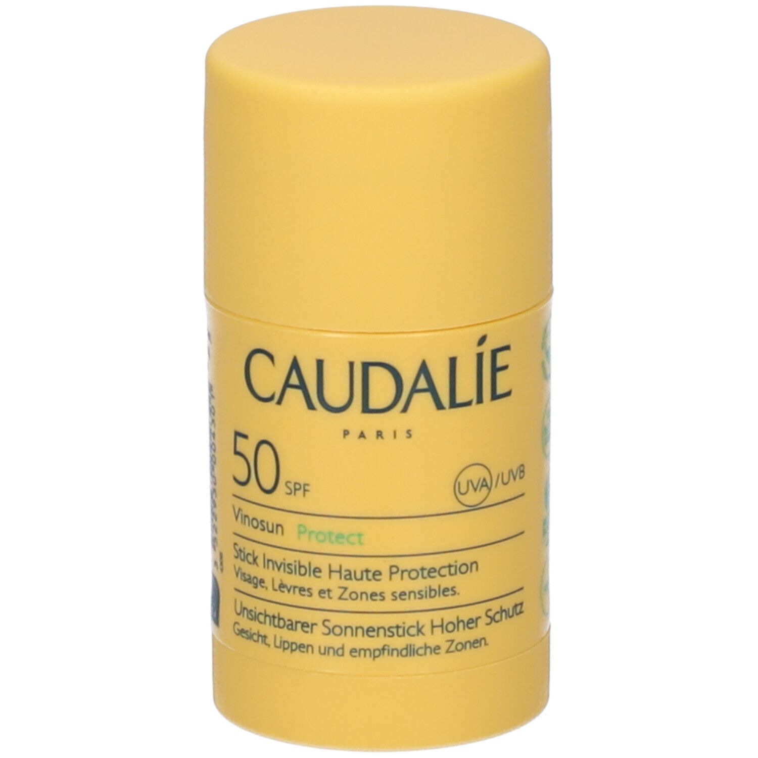 Gelber Sonnenschutz-Stick. Aufschrift Caudalie, SPF 50, Vinosun Protect. Für Gesicht, Lippen und empfindliche Zonen.