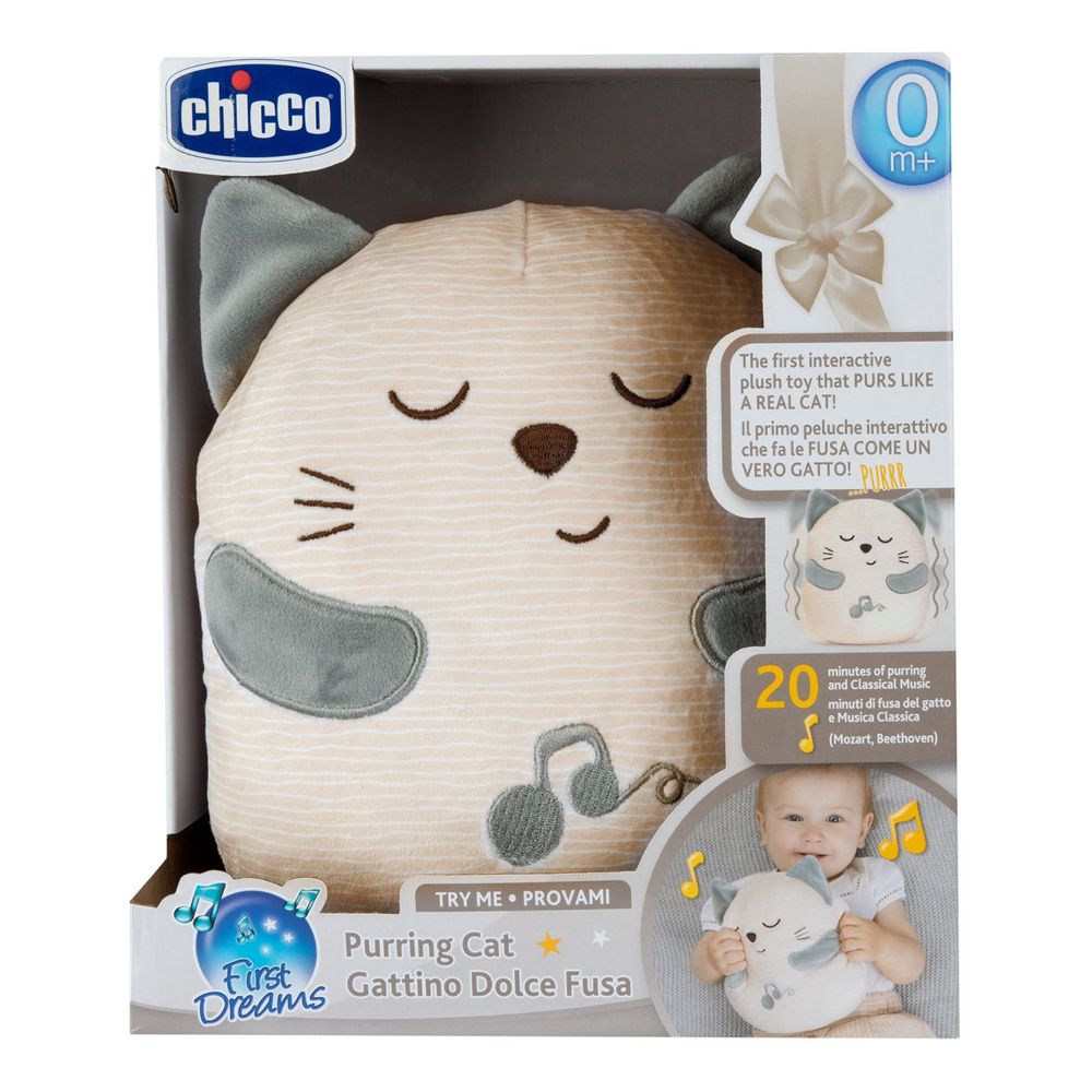 Chicco Purring Cat. Interaktives Plüschtier in Katzenform. Beige mit grauen Ohren und Pfoten. Verpackt in einer Schachtel.