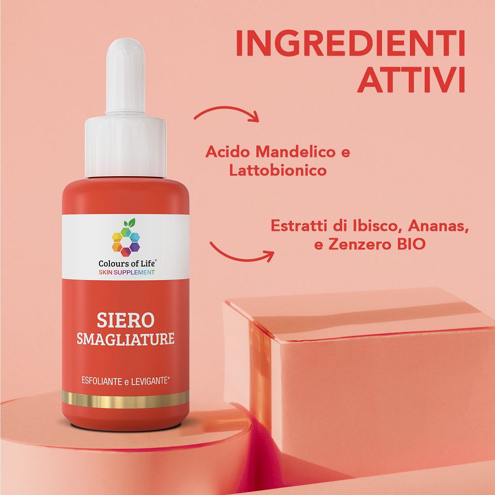 Colours of Life Serum: Flakon mit Pipette, aktive Inhaltsstoffe wie Mandelsäure und Hibiskus-Extrakt.