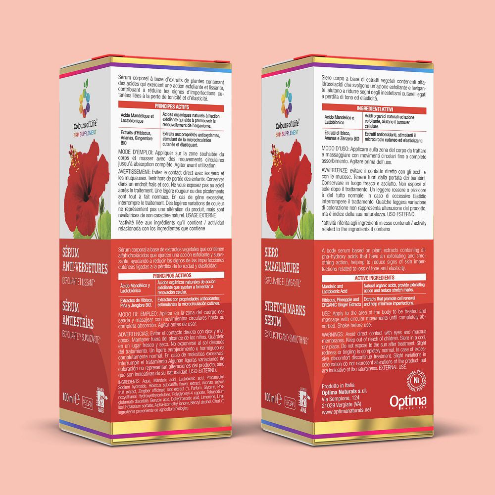 Colours of Life Serum: Vorder- und Rückseite der Faltschachtel mit Produktinformationen und Hibiskus.
