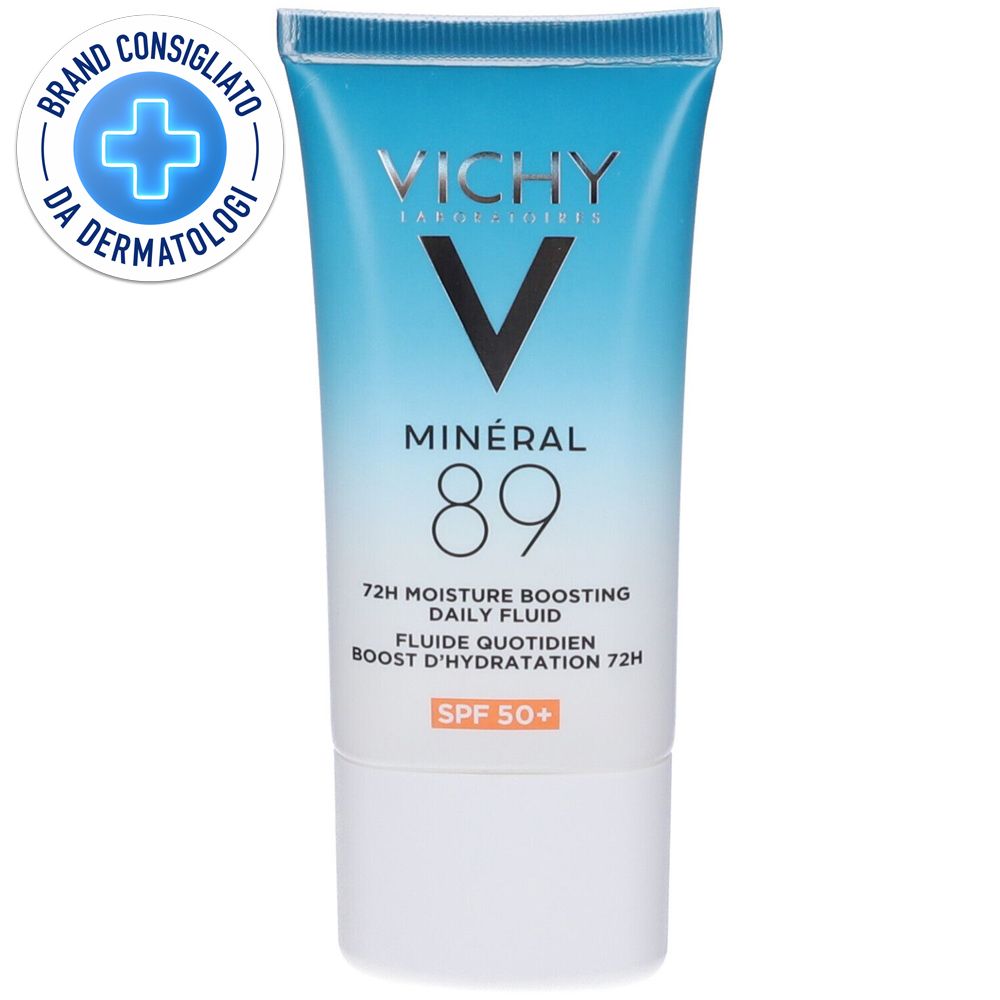 Blau-weiße Tube mit Produktaufdruck. Vichy, Mineral 89, 72H Feuchtigkeits-Booster. SPF 50+. Logo: Brand Consigliato da Dermatologi.