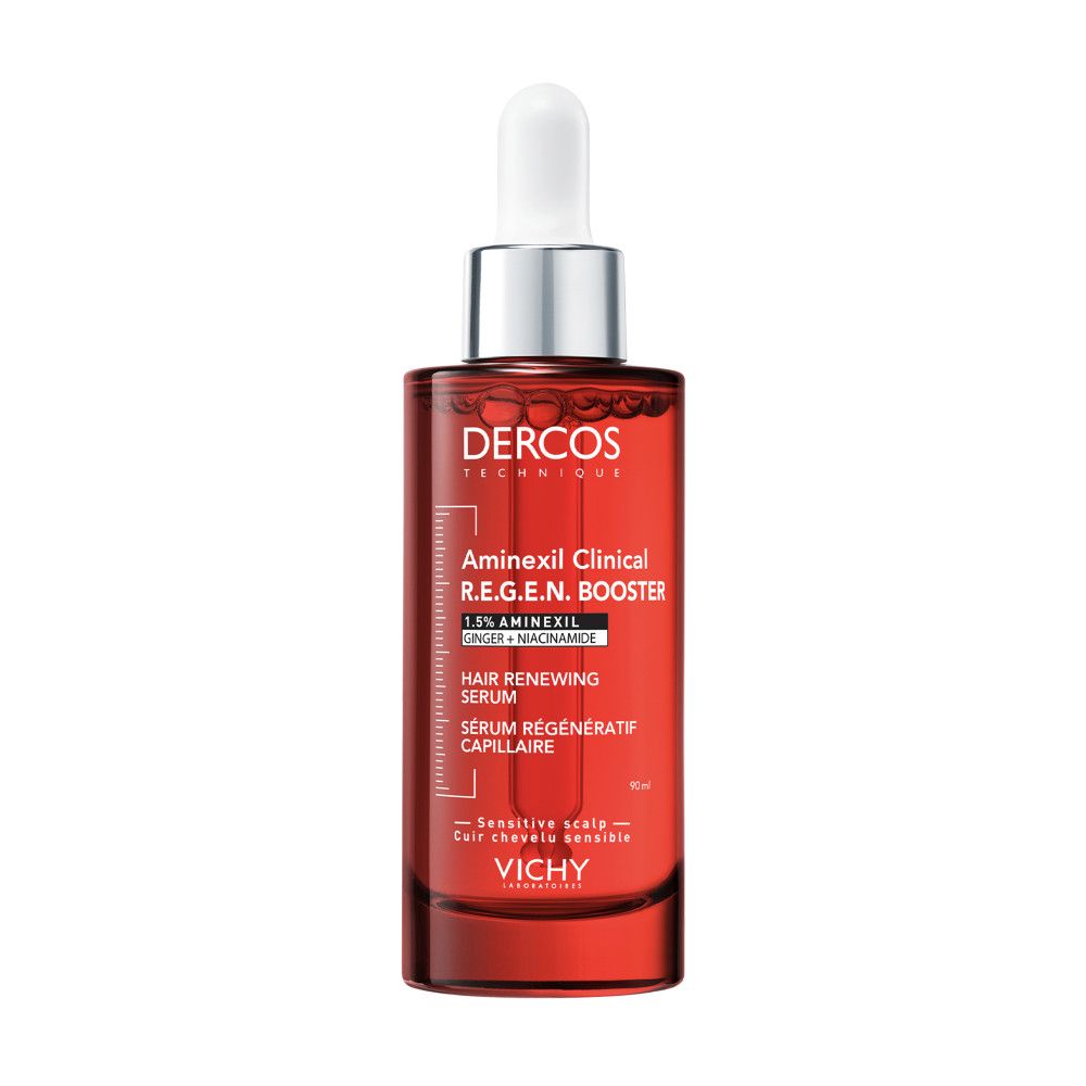 Rote Glasflasche mit Pipettenverschluss, Dercos Aminixil Clinical R.E.G.E.N. Booster Haarserum.