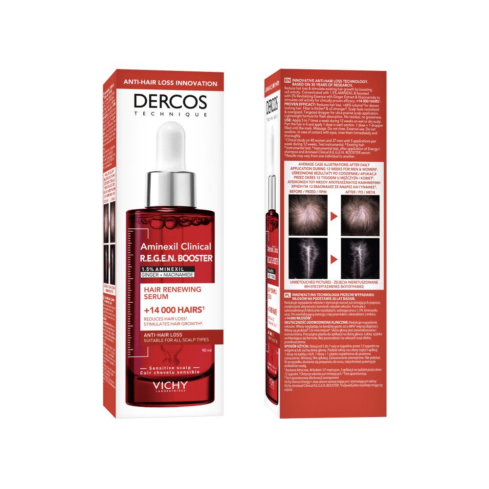 Dunkelrotes Fläschchen mit Pipette, Dercos Aminixil Clinical R.E.G.E.N. Booster Haarerneuerungsserum.