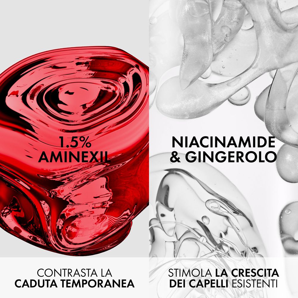 Rote Flüssigkeit mit 1,5% Aminexil und weiße, gelartige Strukturen mit Niacinamid & Gingerolo.